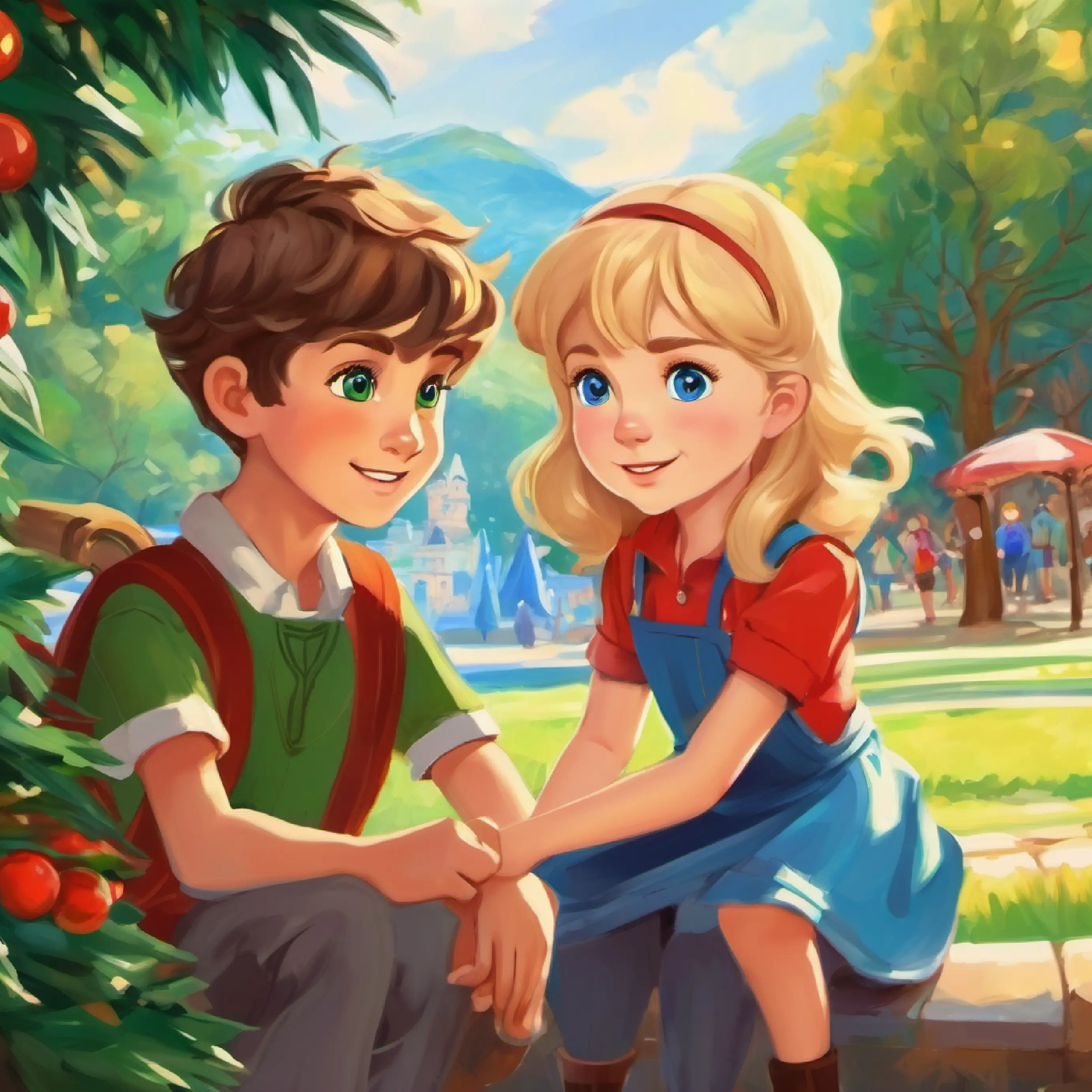 Young boy, fair skin, brown hair, blue eyes and Young girl, tanned skin, blonde hair, green eyes play, introducing characters and park setting.