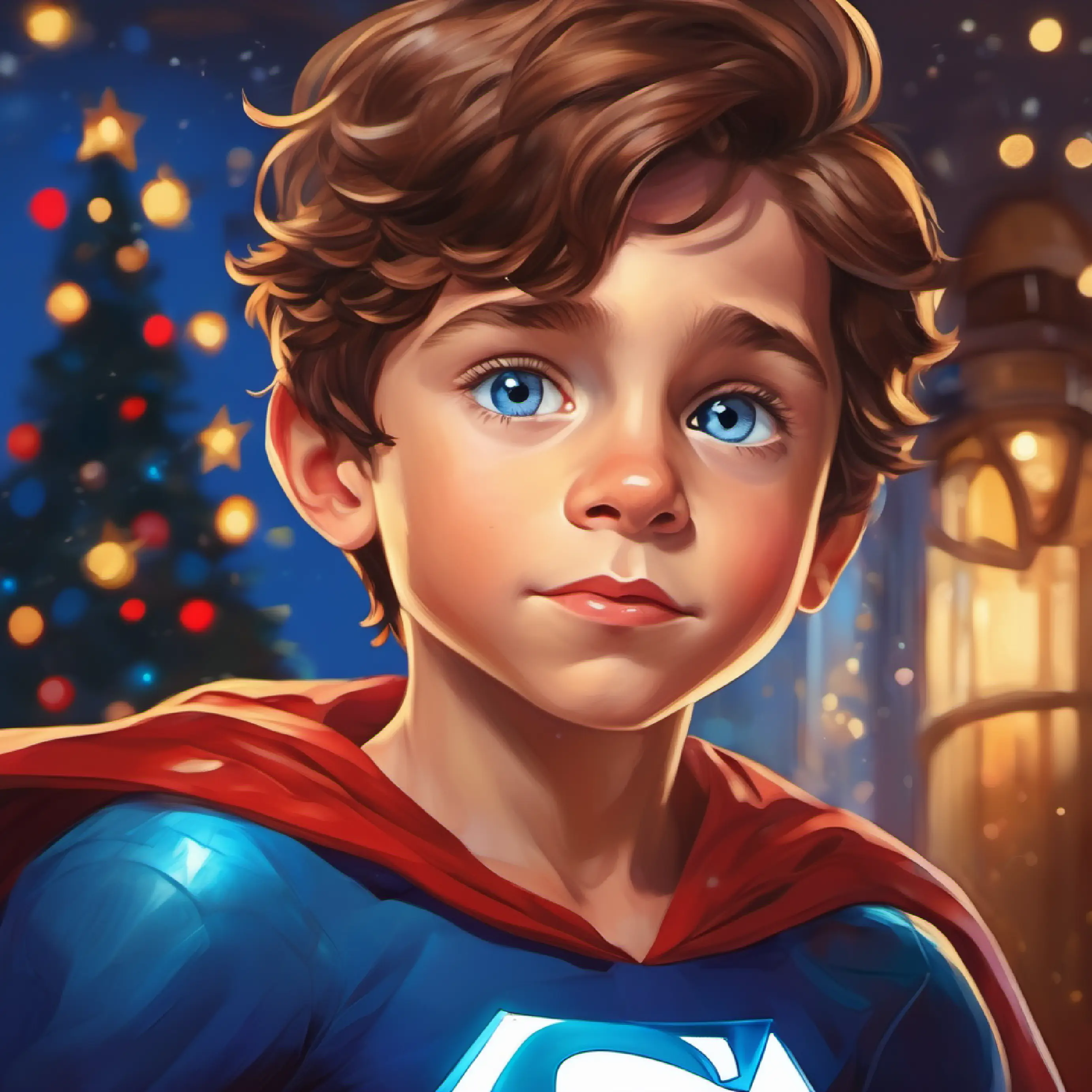 Young boy, fair skin, brown hair, blue eyes imagines skin as superhero, emphasizing head.