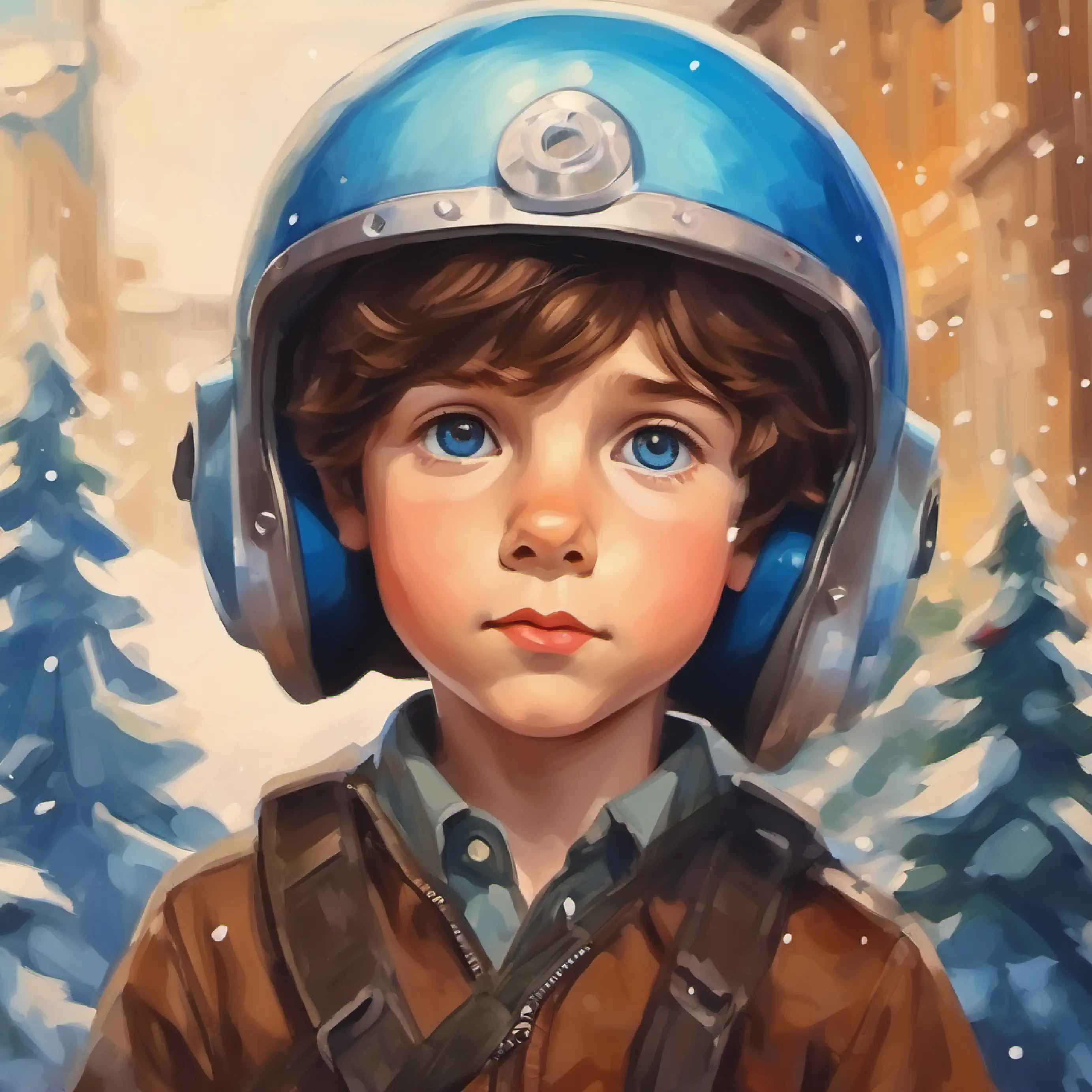 Young boy, fair skin, brown hair, blue eyes relates helmets to protecting heads.