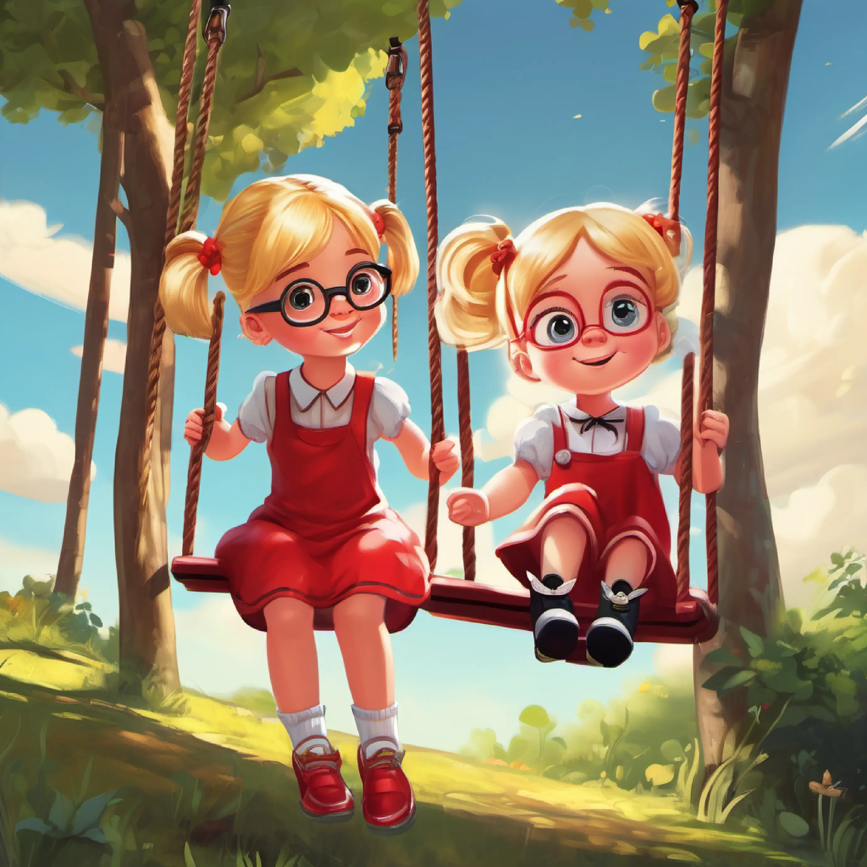 Sally approaches a happy girl on a swing and inquires about her joy.