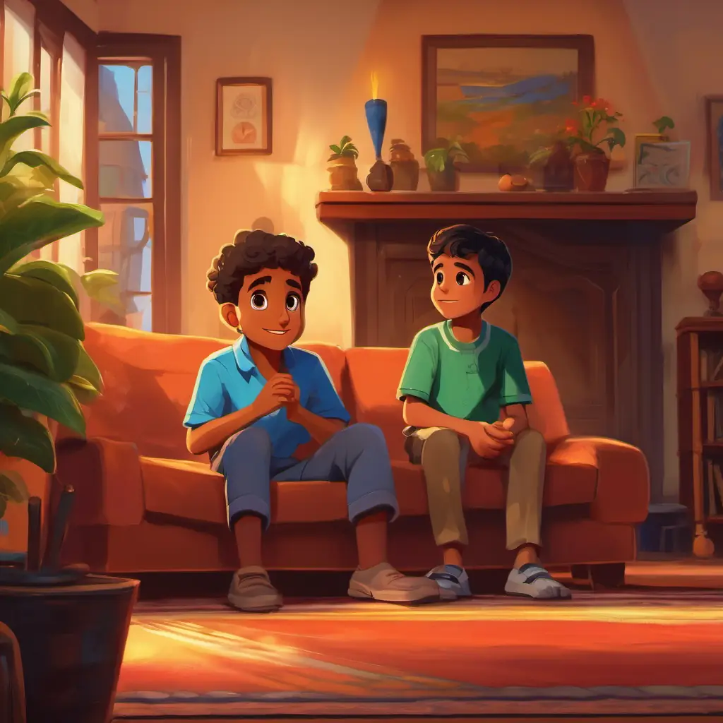 Ahmed asks his dad to play with friends, living room, Ahmed, and his dad