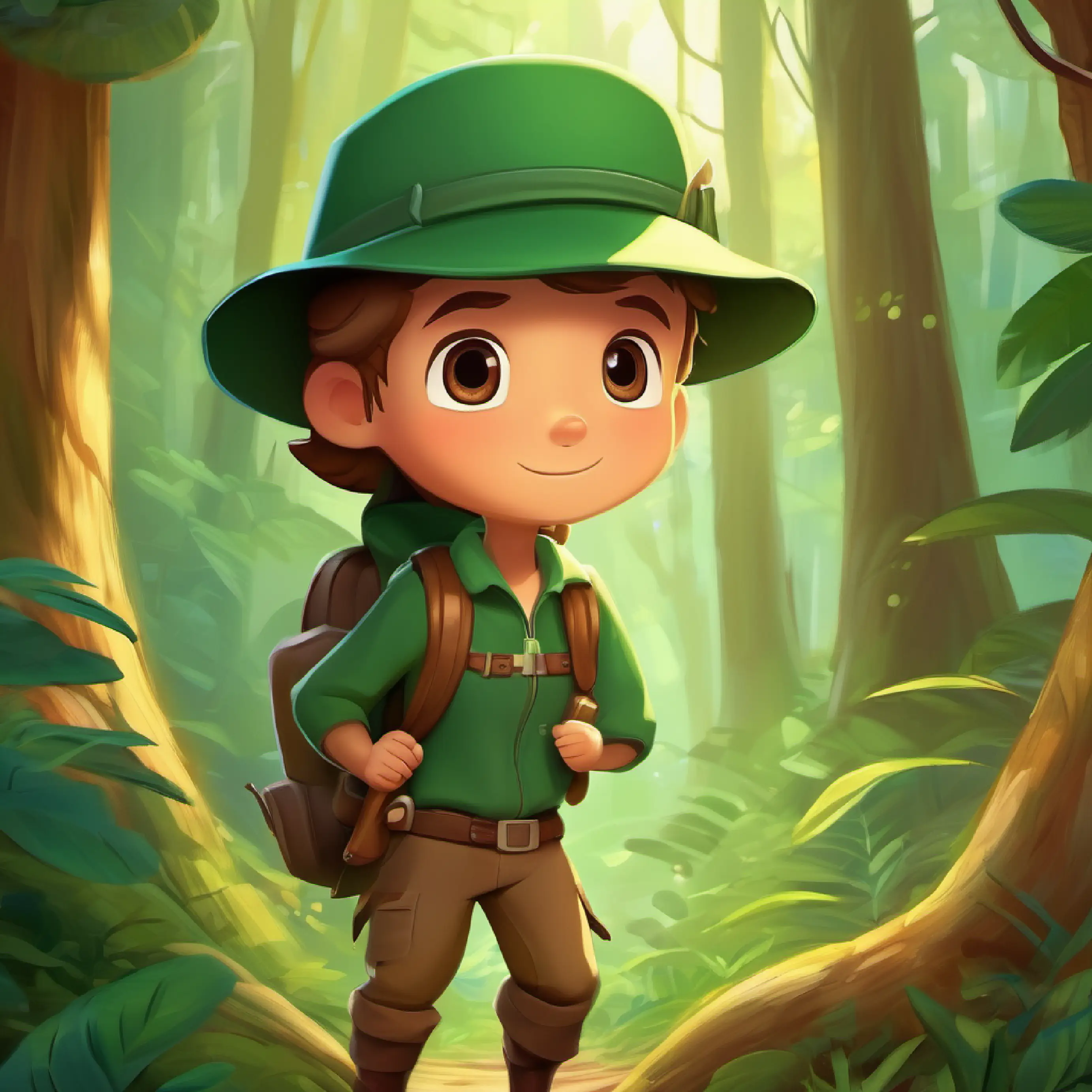 Introducing the magical forest and the young explorer, Young explorer, curious, wears a green cap, brown eyes.