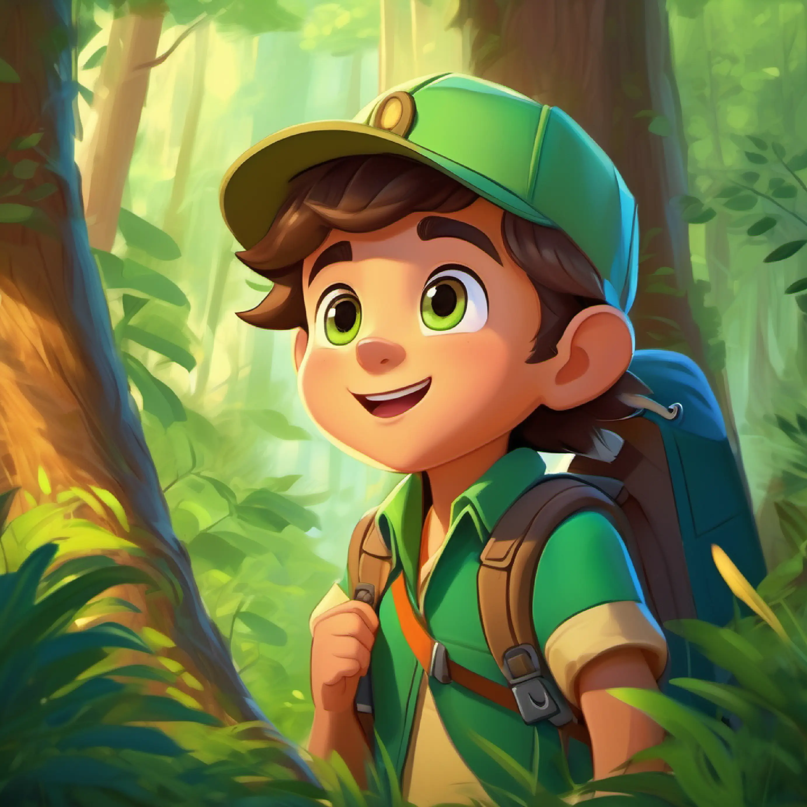 Young explorer, curious, wears a green cap, brown eyes hears the trees whisper and responds with excitement.