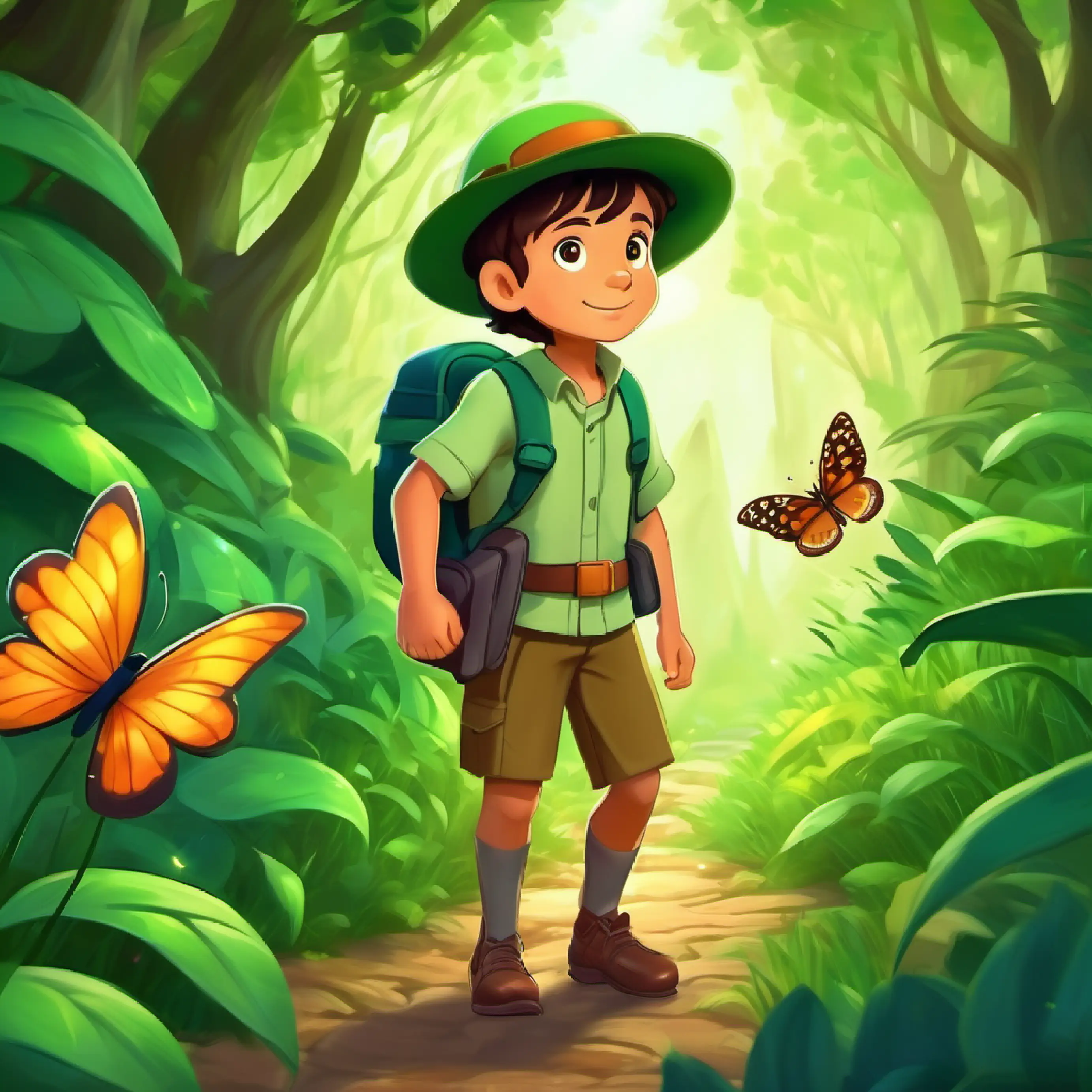 Young explorer, curious, wears a green cap, brown eyes finds a hidden path with the help of a magical butterfly.