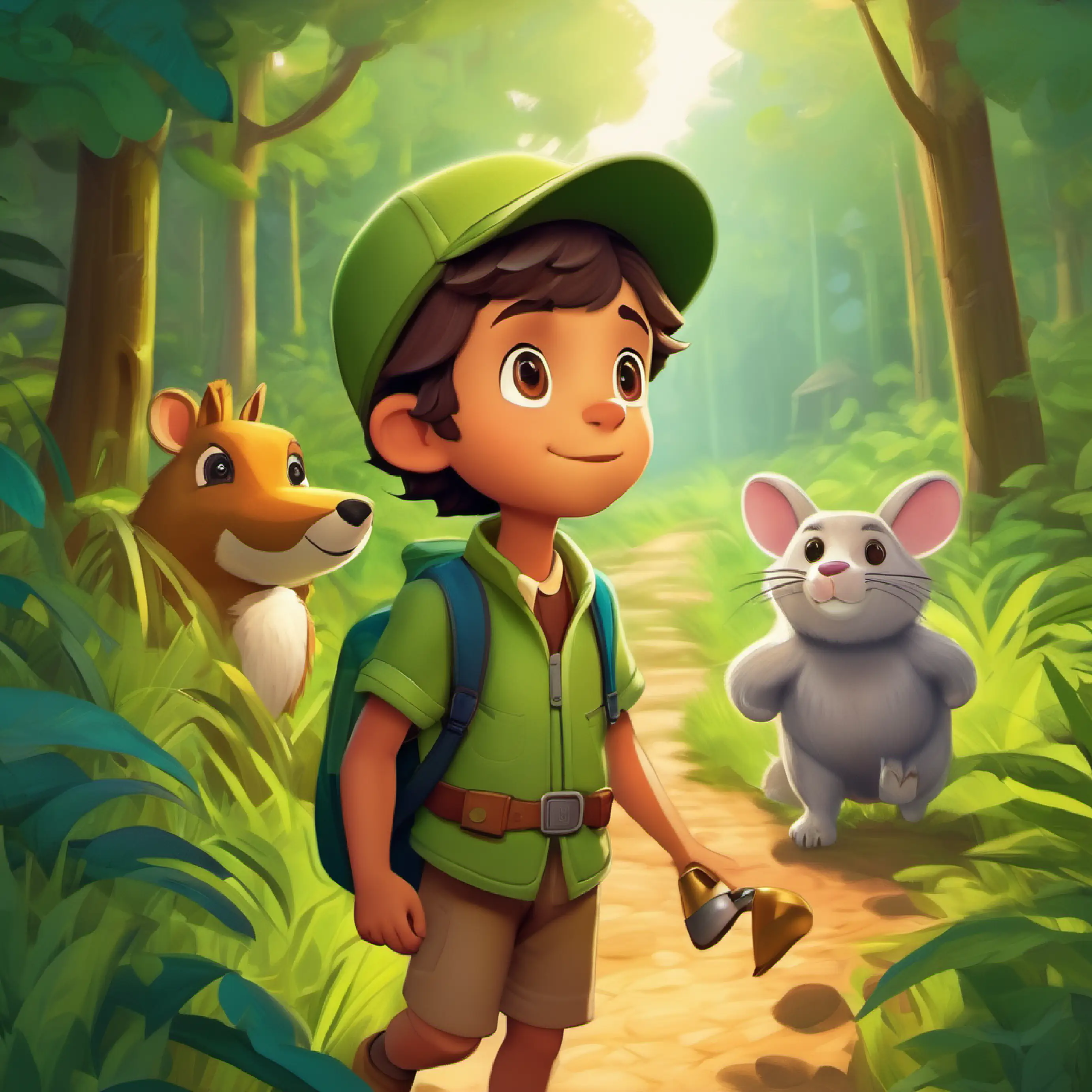 Young explorer, curious, wears a green cap, brown eyes encounters friendly animals and the hidden path gets more mysterious.