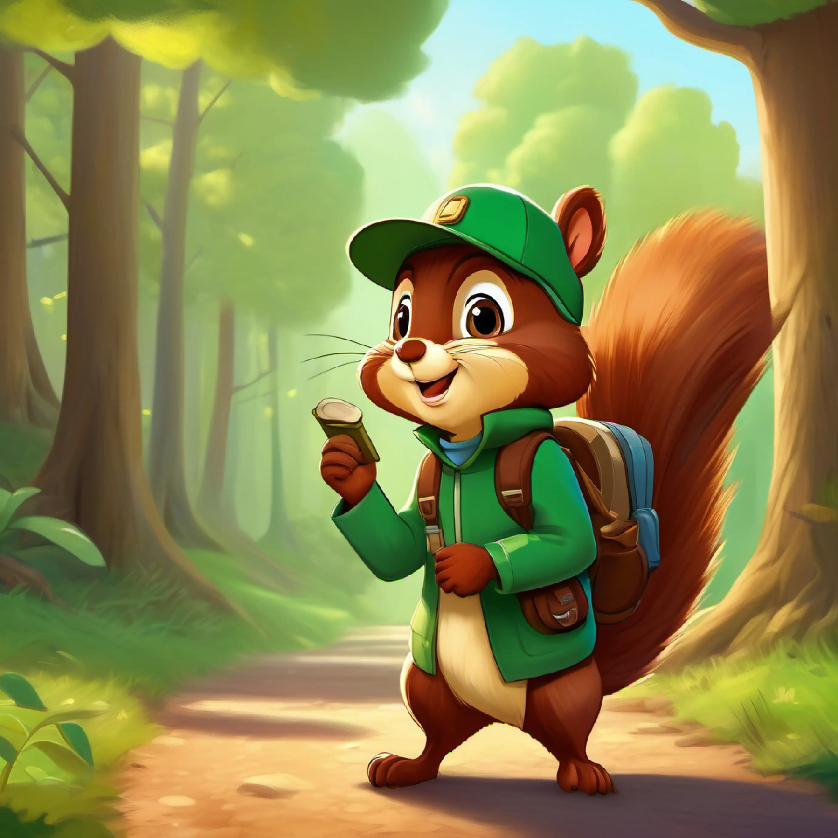 A squirrel speaks to Young explorer, curious, wears a green cap, brown eyes, hinting at his destination.