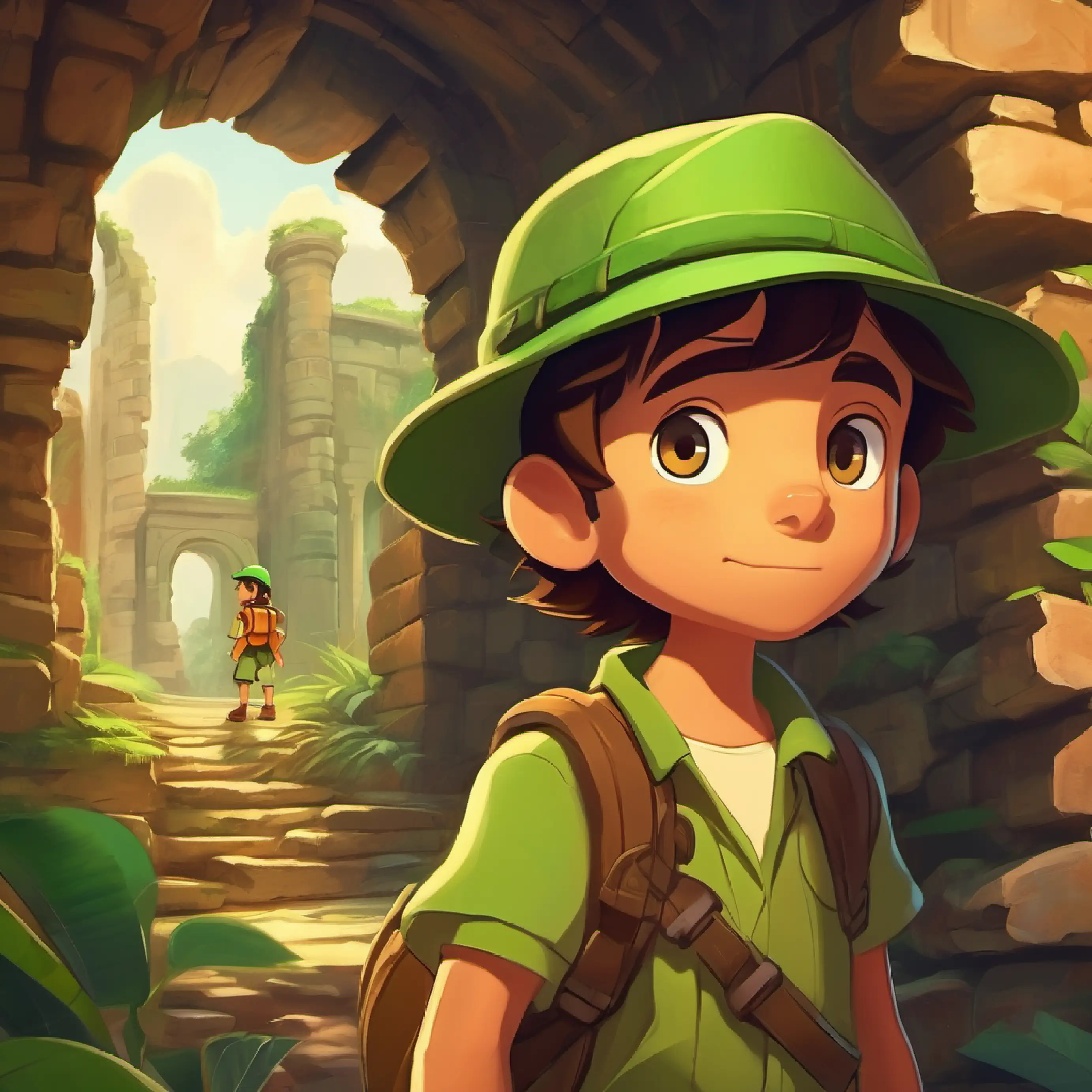 Young explorer, curious, wears a green cap, brown eyes discovers the forgotten civilization among the ruins.