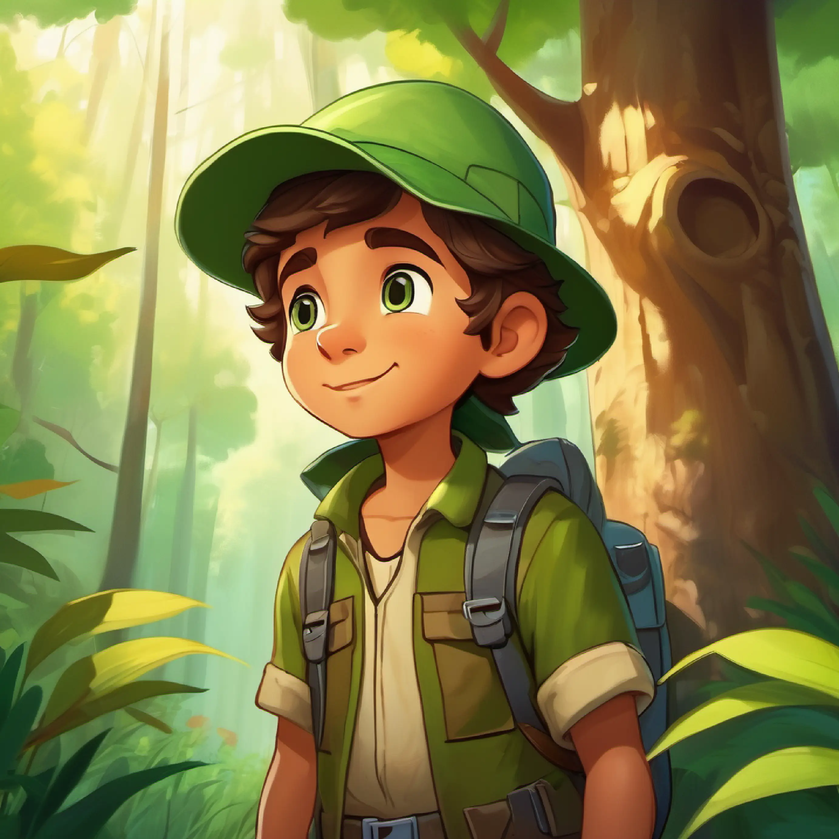 Young explorer, curious, wears a green cap, brown eyes promises to return as he heads home, guided by the trees.