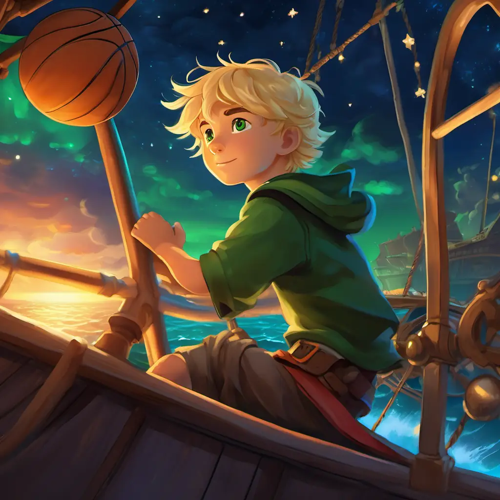 Case at the helm of the pirate ship, navigating through the high seas under the night sky filled with stars.