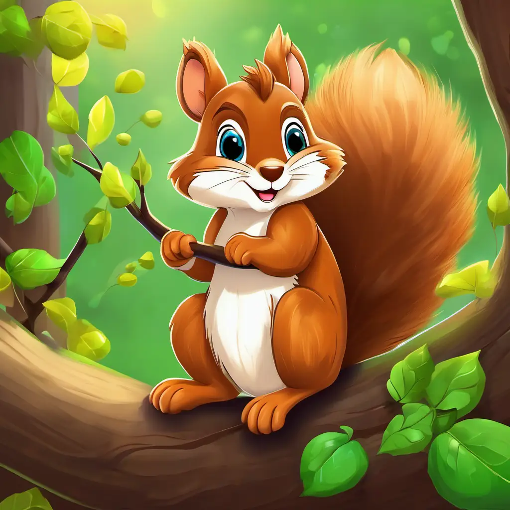 Sammy is a little squirrel with soft brown fur and a fluffy tail the squirrel sitting on a tree branch, surrounded by green leaves and acorns.