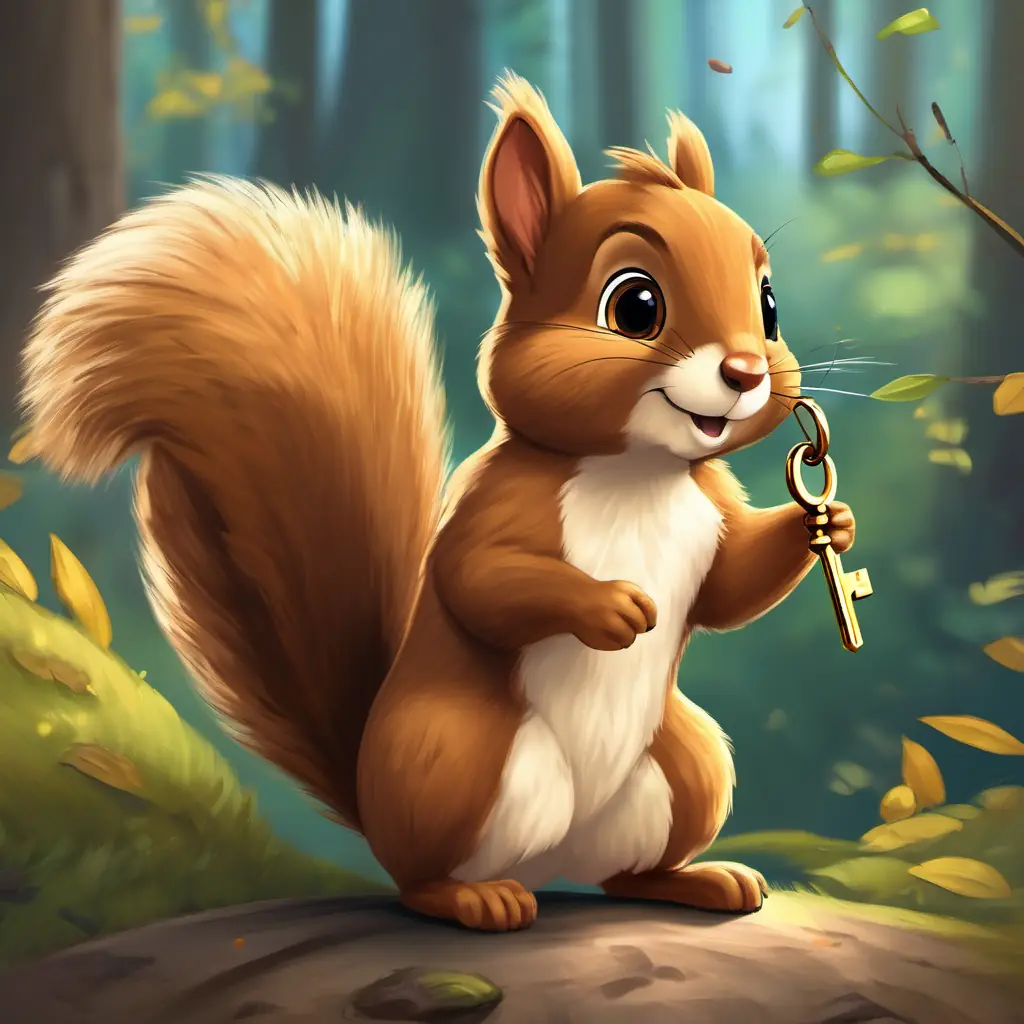 Sammy is a little squirrel with soft brown fur and a fluffy tail the squirrel holding a golden key, with a curious expression on his face.