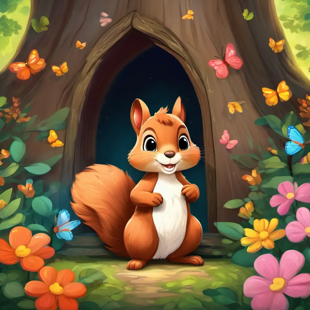 Sammy is a little squirrel with soft brown fur and a fluffy tail the squirrel standing in front of a small door at the base of a tree, surrounded by colorful flowers and butterflies.