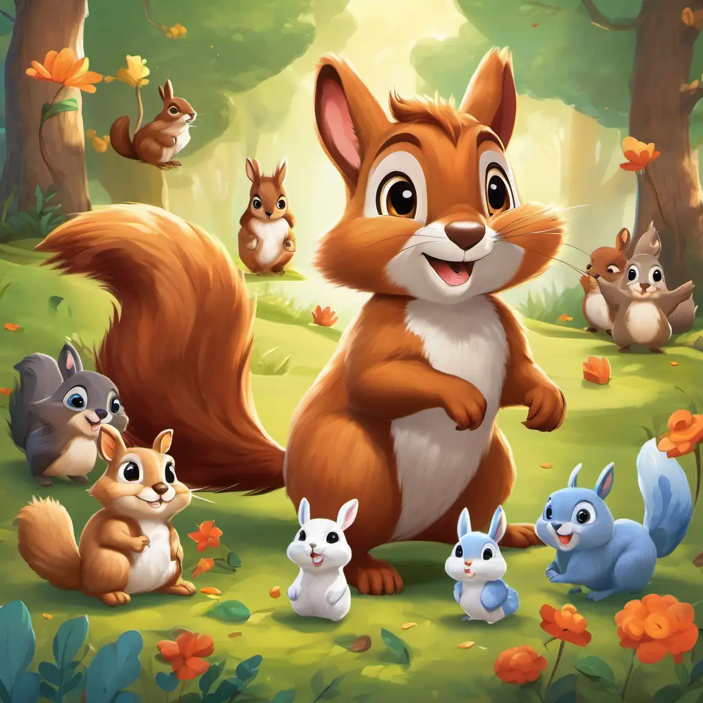 Sammy is a little squirrel with soft brown fur and a fluffy tail the squirrel surrounded by his new animal friends, including an owl, a rabbit, and a deer, all smiling and having fun.