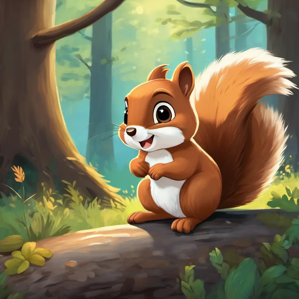 Sammy is a little squirrel with soft brown fur and a fluffy tail the squirrel waving goodbye to his animal friends, with a sad expression on his face.