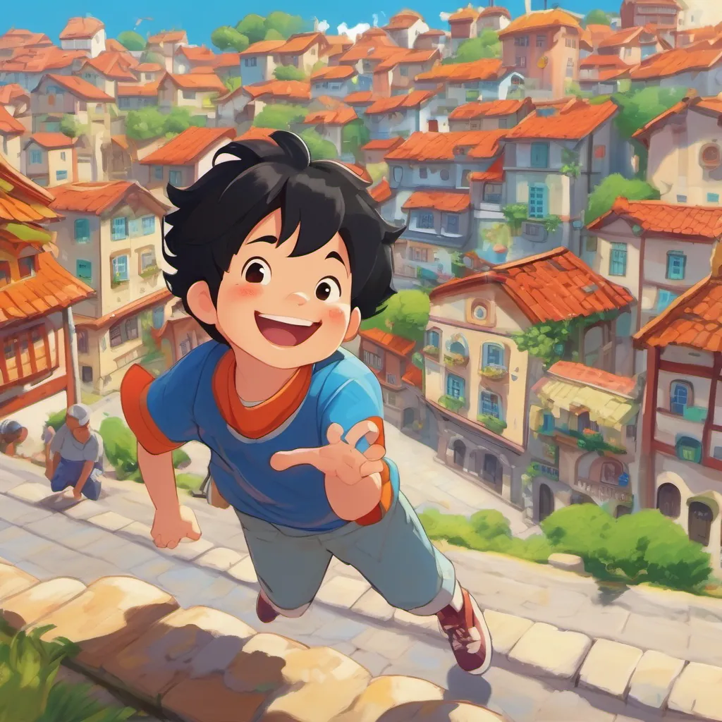 an 8-year-old chubby boy with black hair, laughing joyfully, surrounded by a vibrant town