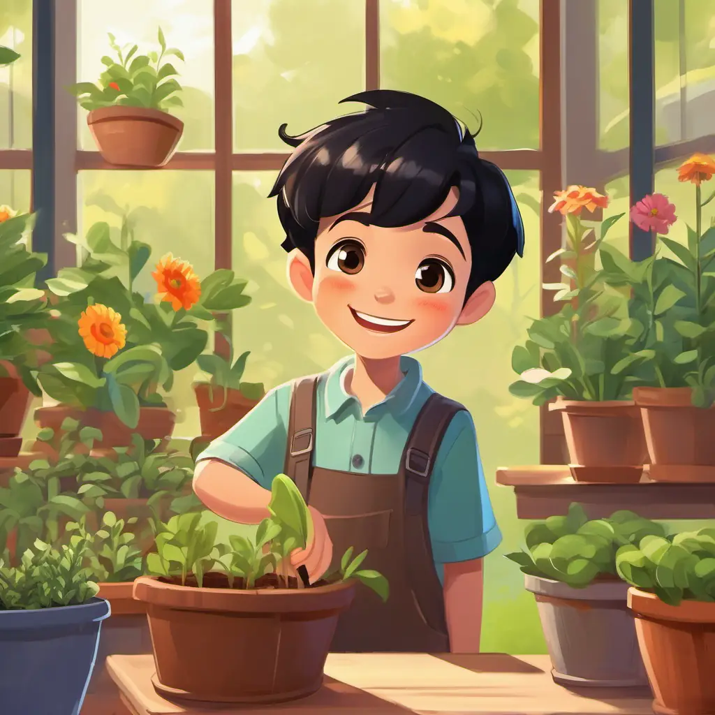 Boy, short black hair, brown eyes, bright smile at school, excited about gardening class.