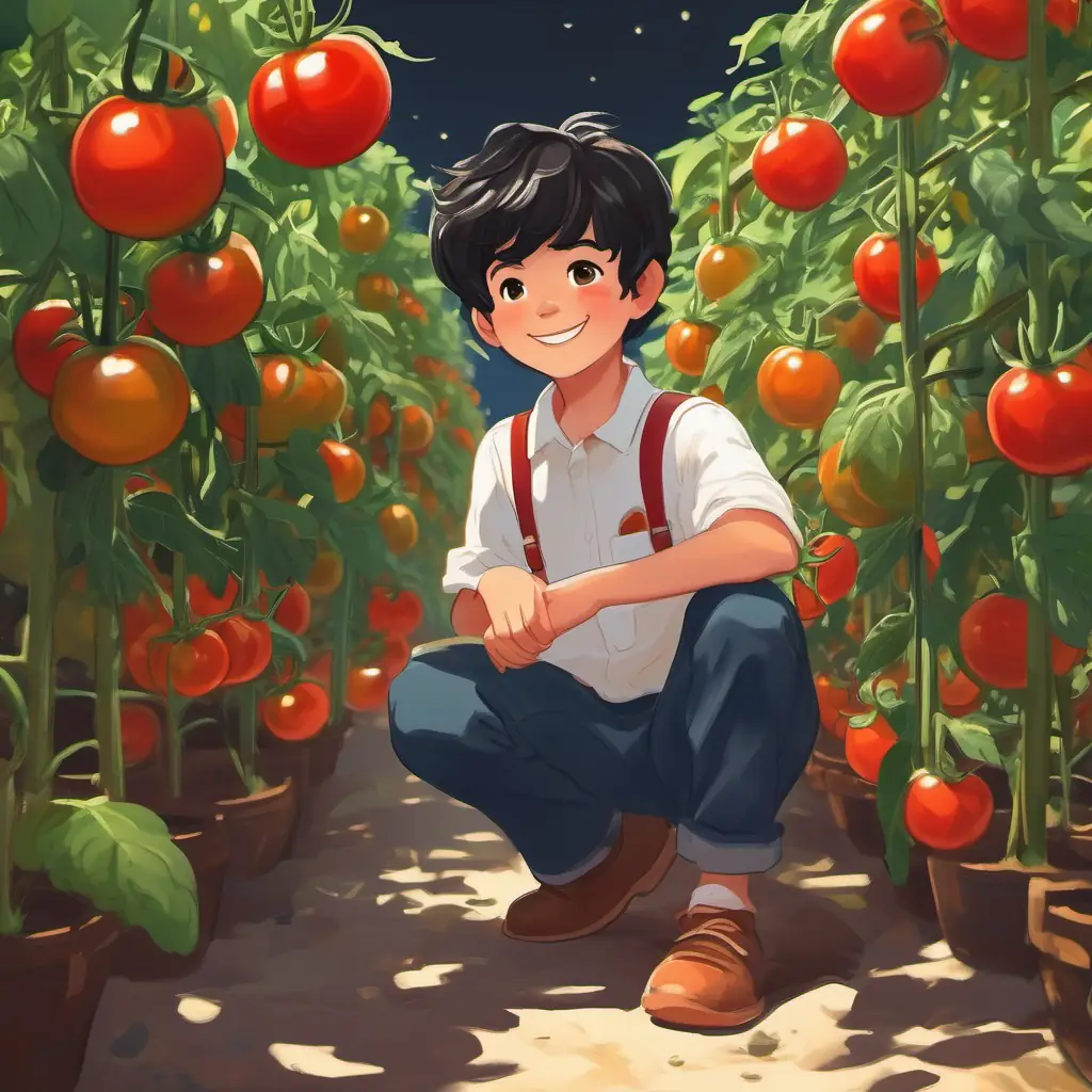 Tomatoes appearing on the plants, Boy, short black hair, brown eyes, bright smile's are round and red.