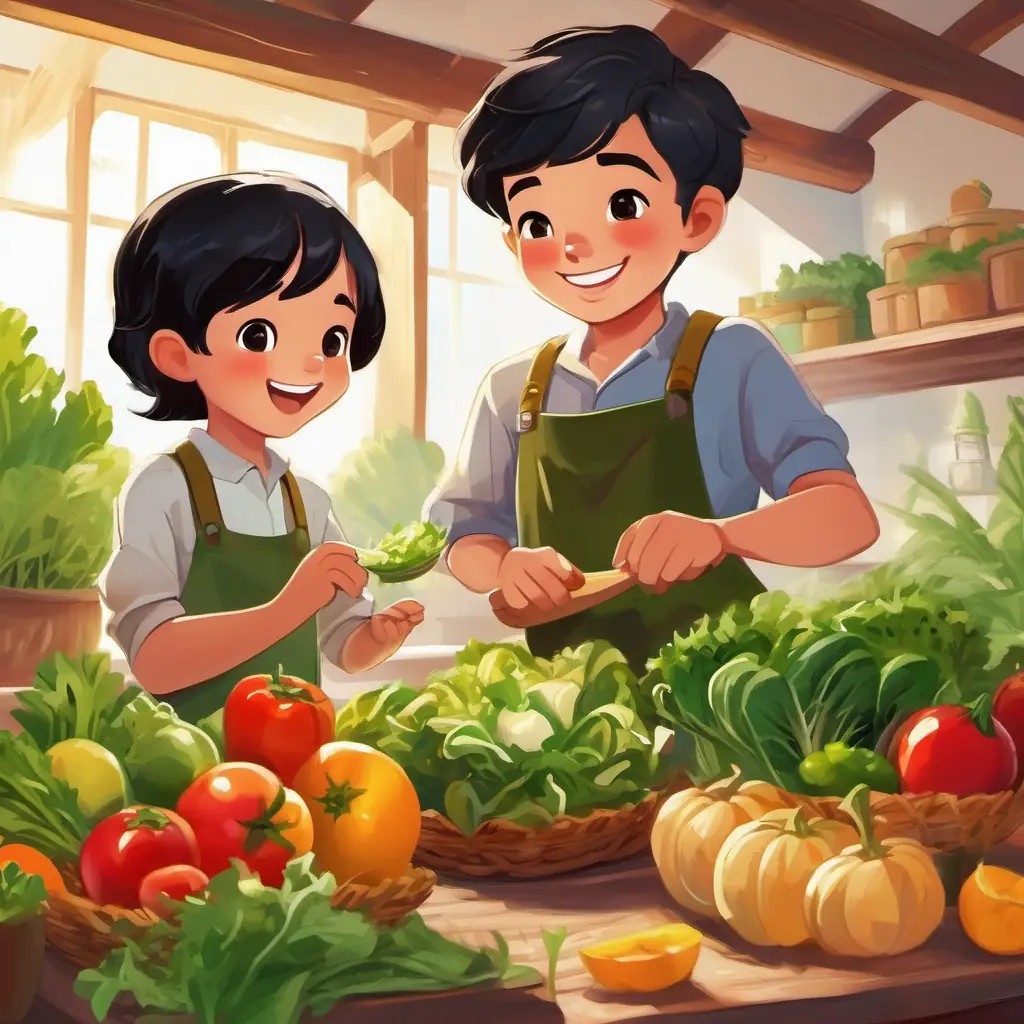 Kids making salad with their harvest, Boy, short black hair, brown eyes, bright smile's pride in his contribution.