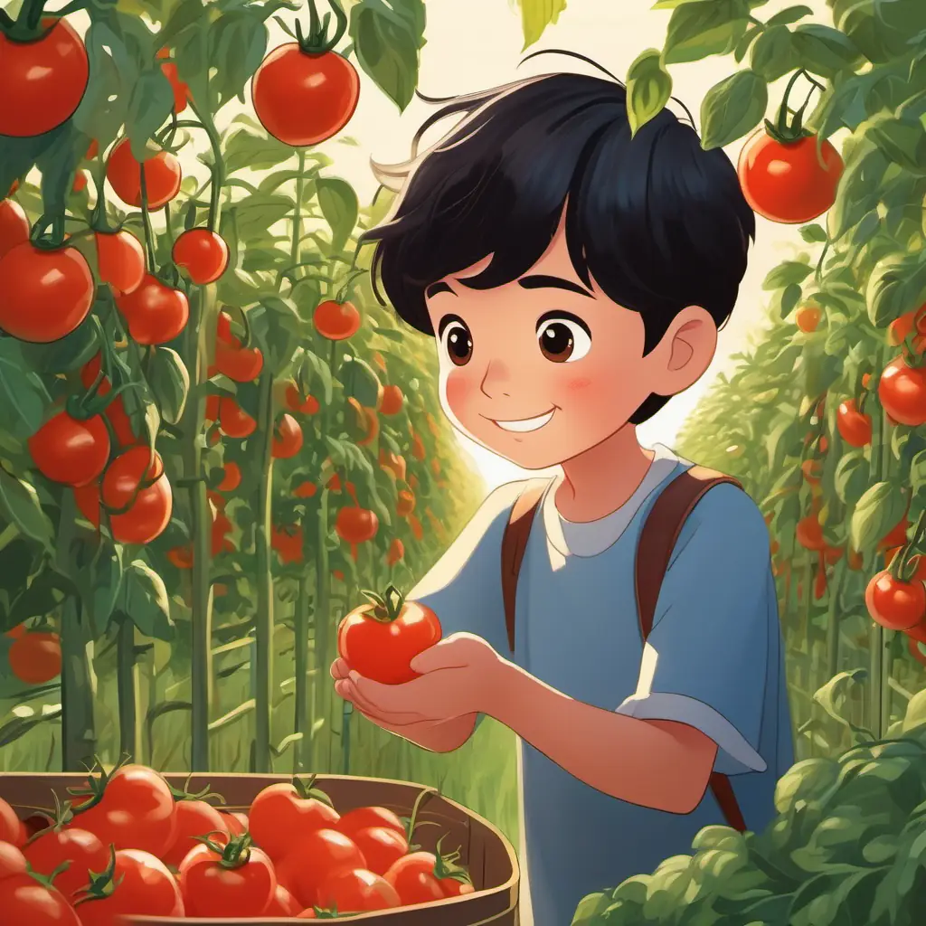 Students picking seeds, Boy, short black hair, brown eyes, bright smile selects a tomato seed.