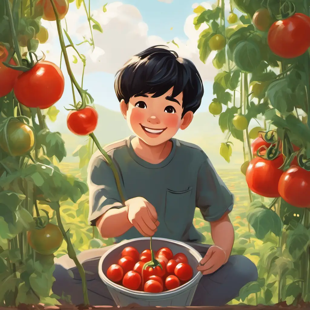 Boy, short black hair, brown eyes, bright smile planting his tomato seed with care.