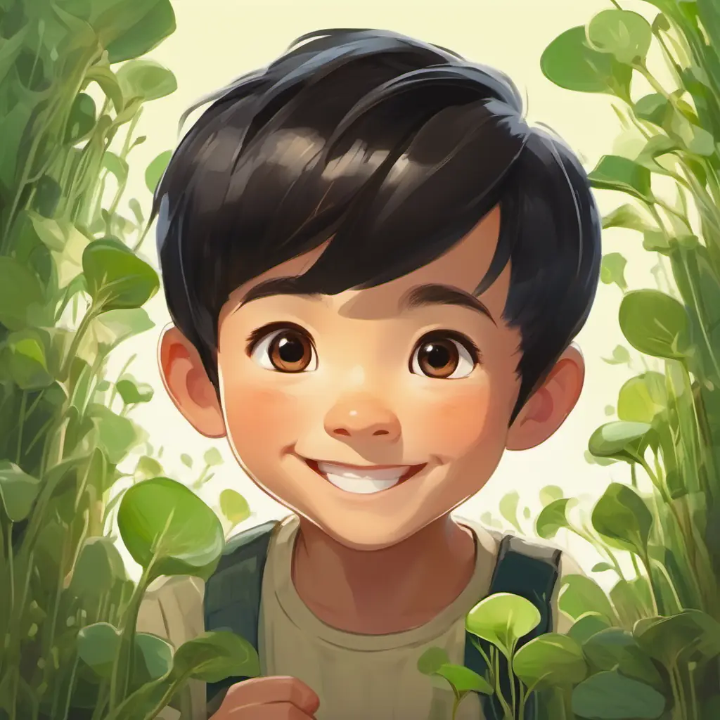 Green sprouts emerging, Boy, short black hair, brown eyes, bright smile's tiny but robust sprout.