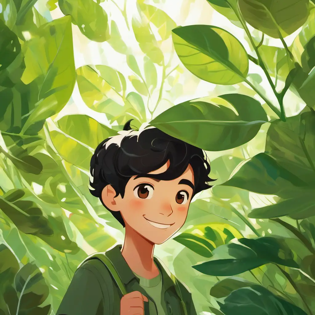 Plants growing leaves, focus on Boy, short black hair, brown eyes, bright smile's bright green leaves.