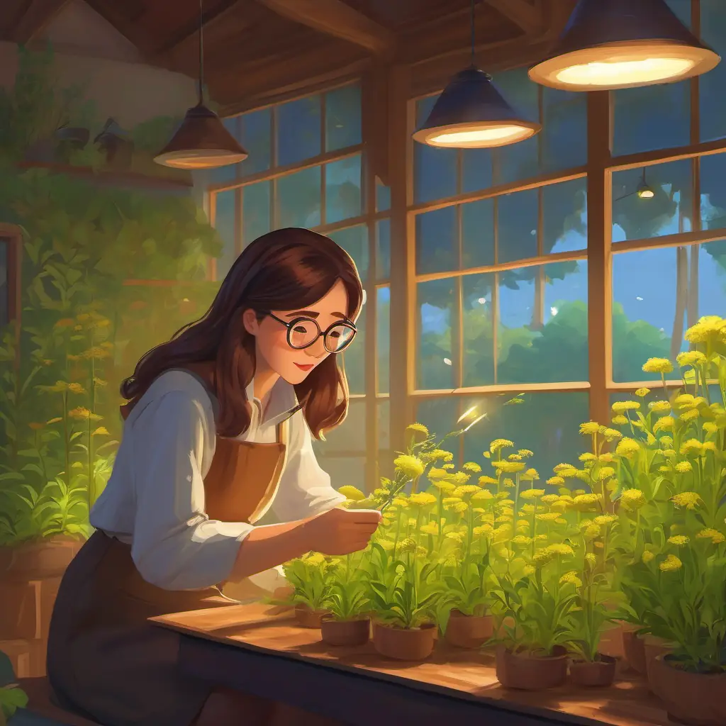 Teacher, long brown hair, glasses, warm expression instructing on spotting weeds and pests.