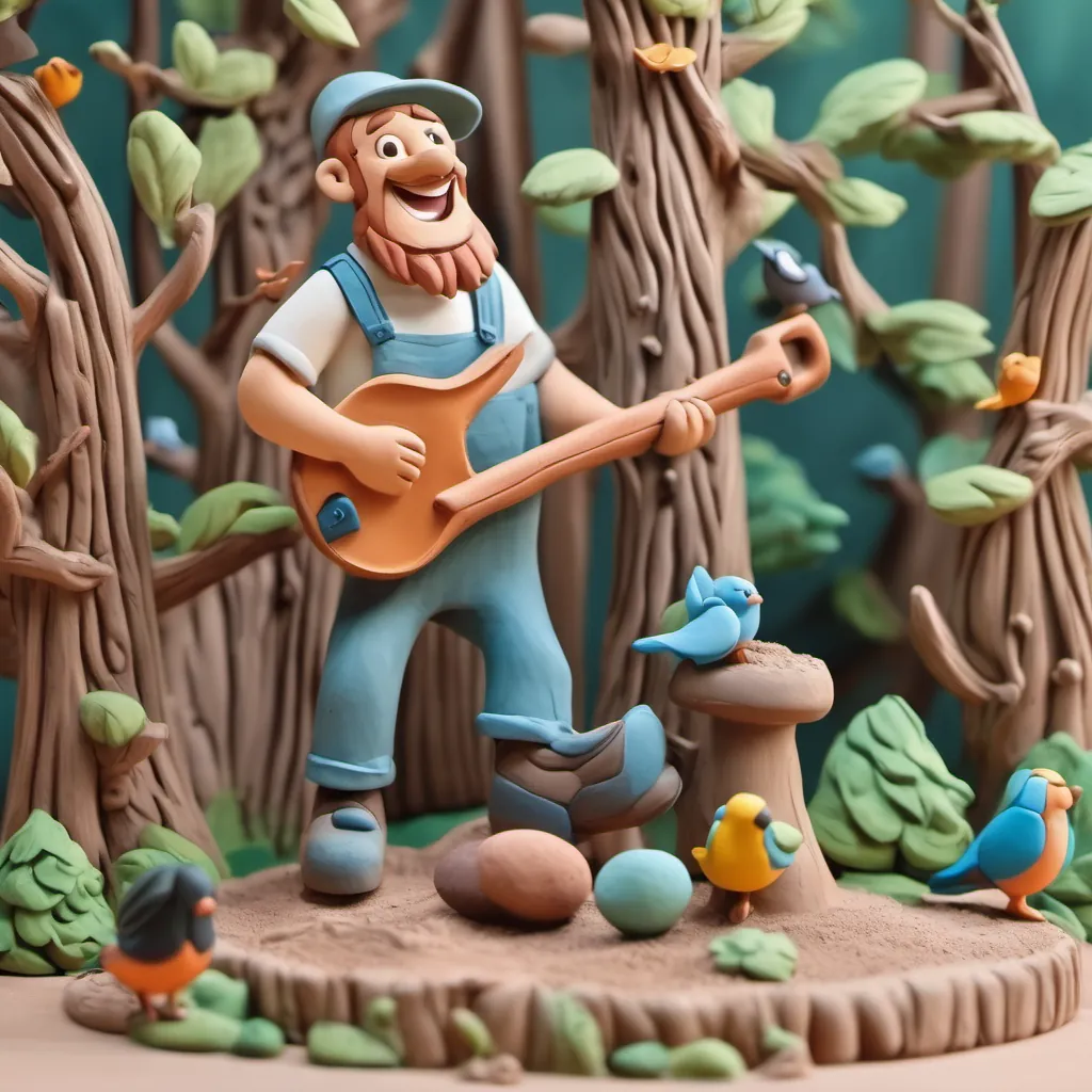 A happy Cheerful man with overalls and an axe standing among tall trees smiling under tall trees with birds around him