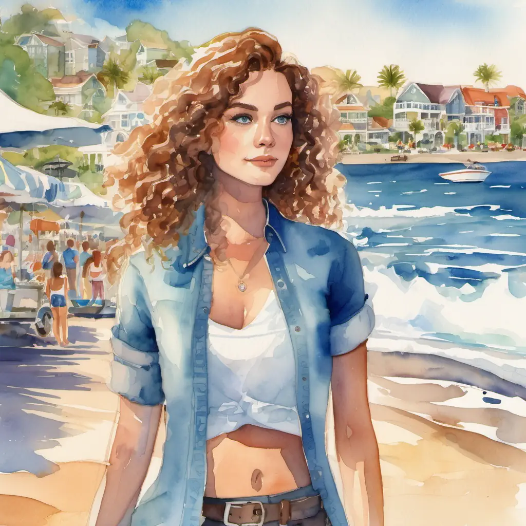 A sunny beach town with sparkling waves. Lily is a woman with curly brown hair and bright blue eyes standing on the shore, watching others on jet skis.