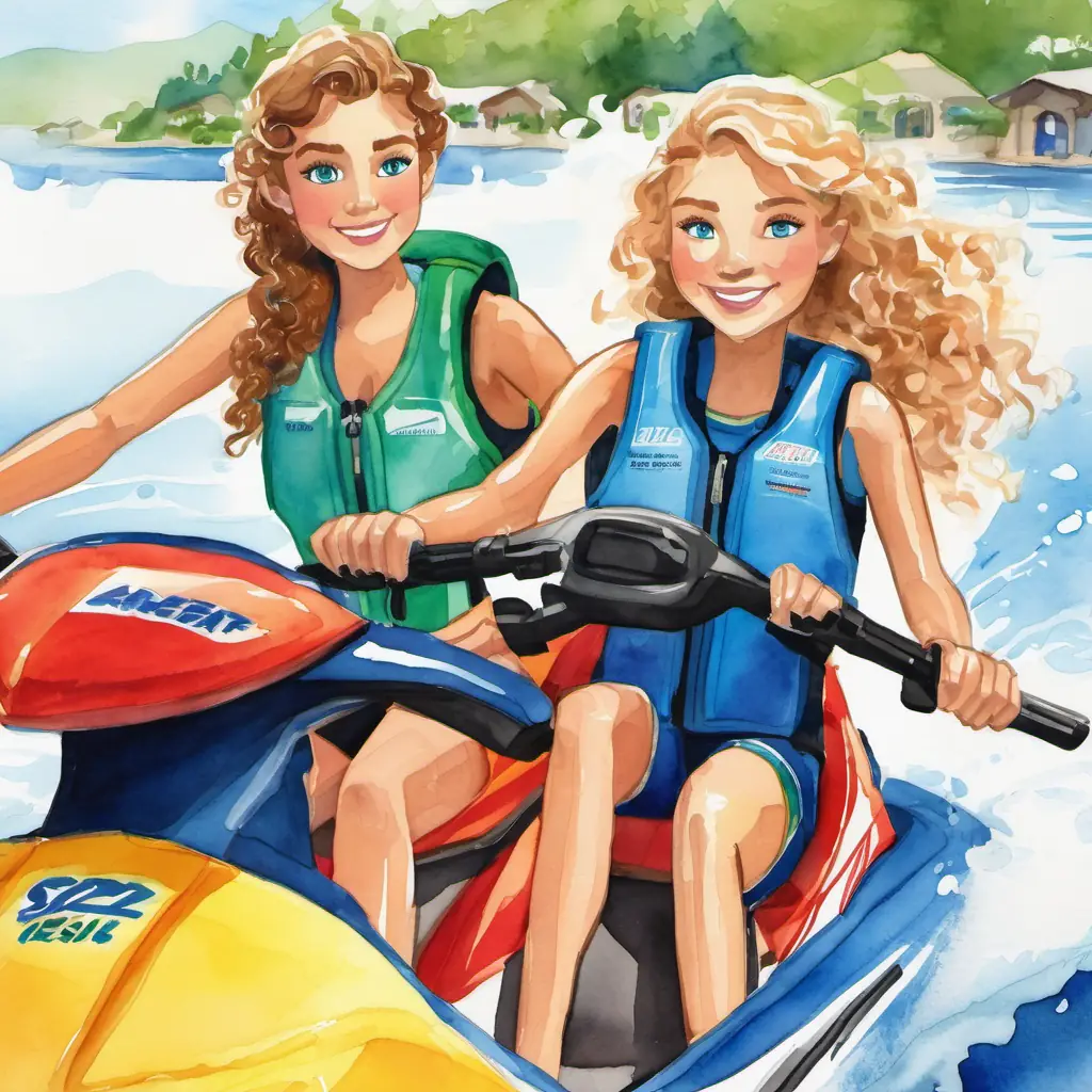 Lily is a woman with curly brown hair and bright blue eyes and Sarah is Lily's best friend with long, straight blonde hair and green eyes at the jet ski rental place. Lily is a woman with curly brown hair and bright blue eyes putting on a life jacket and getting on a jet ski.