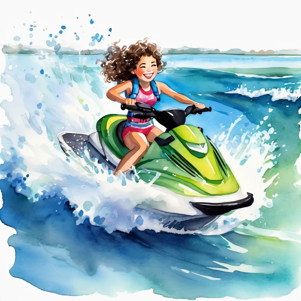 Lily is a woman with curly brown hair and bright blue eyes riding the jet ski with a big smile on her face, waves splashing around her.