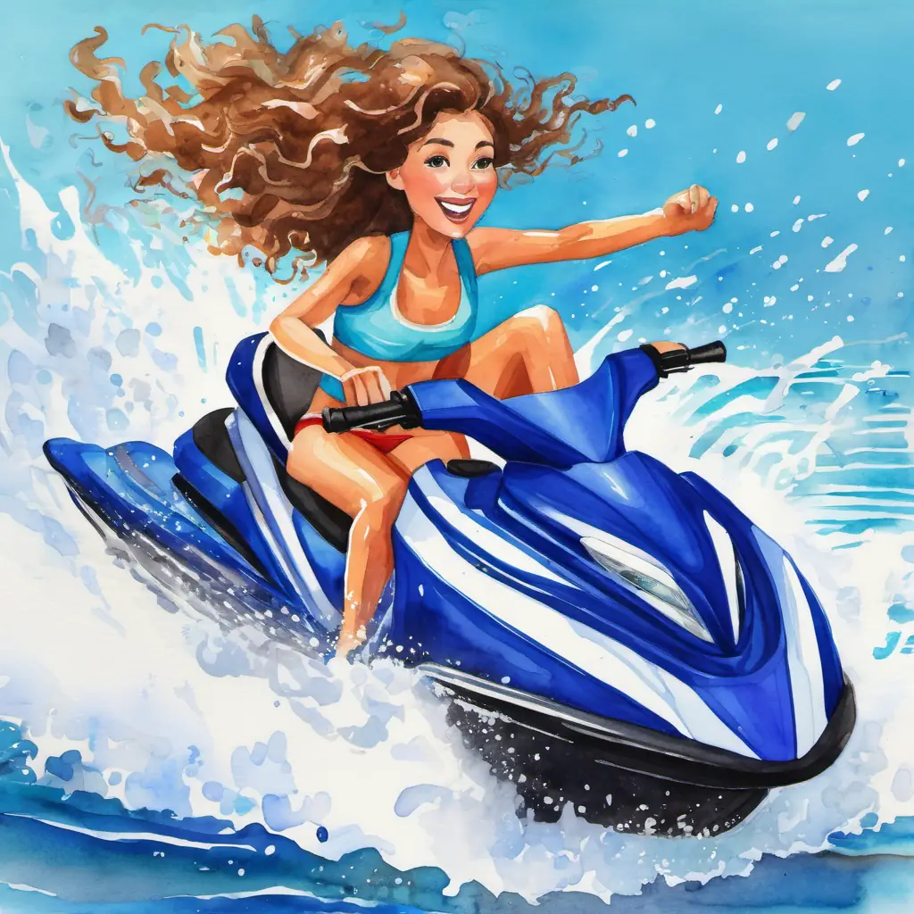 Lily is a woman with curly brown hair and bright blue eyes doing a jump on the jet ski, with other people cheering for her.