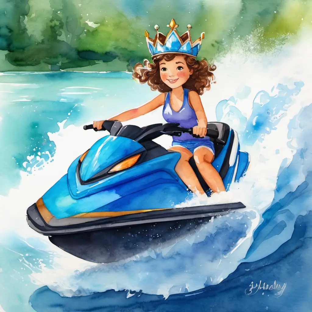 Lily is a woman with curly brown hair and bright blue eyes sitting proudly on a jet ski, wearing a crown and waving to everyone.