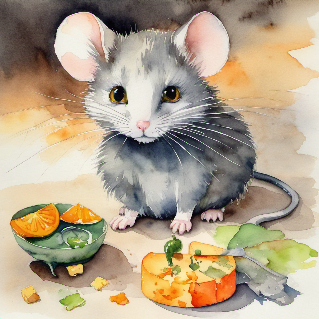 Clever mouse, fur is gray, eyes are black the mouse finds cheese in a trap set by Sly cat, fur is orange, eyes are green the cat