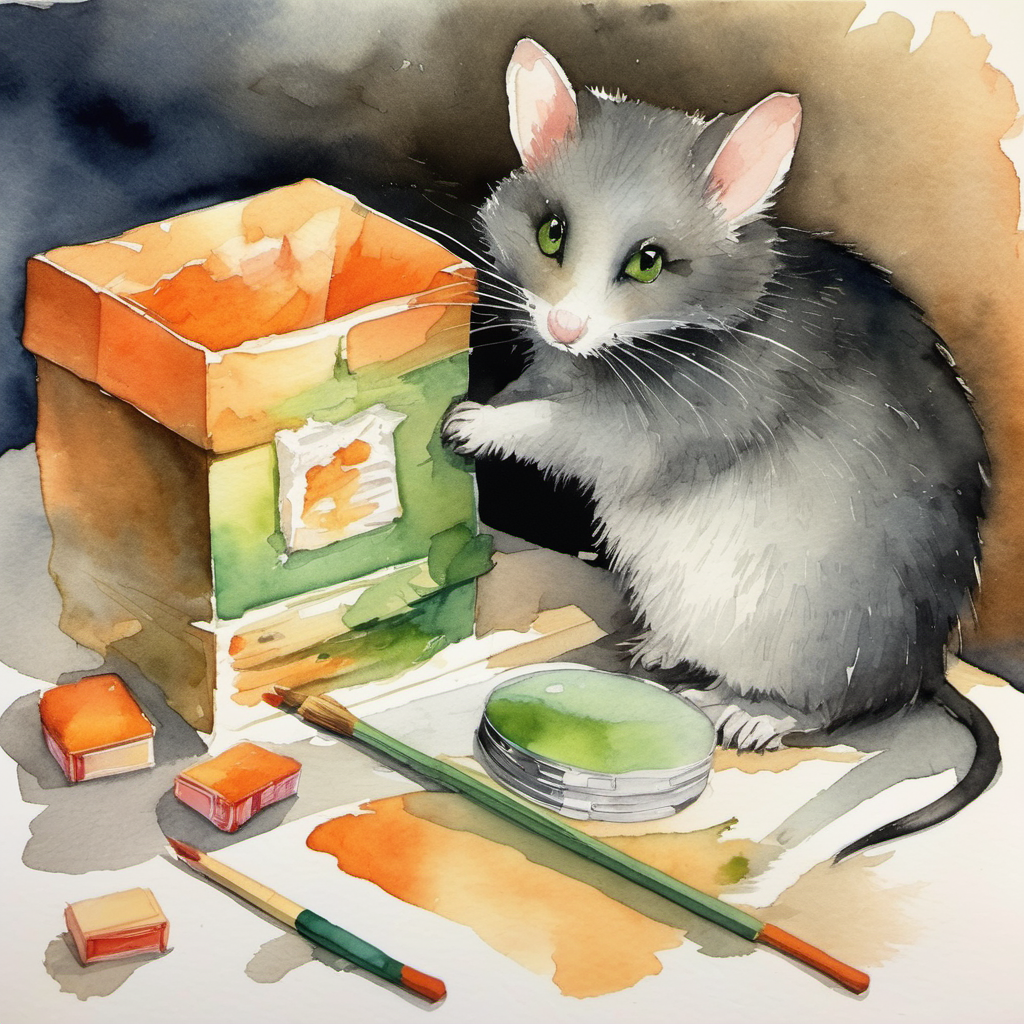 Clever mouse, fur is gray, eyes are black trapped in Sly cat, fur is orange, eyes are green's claws, sees a box of matches