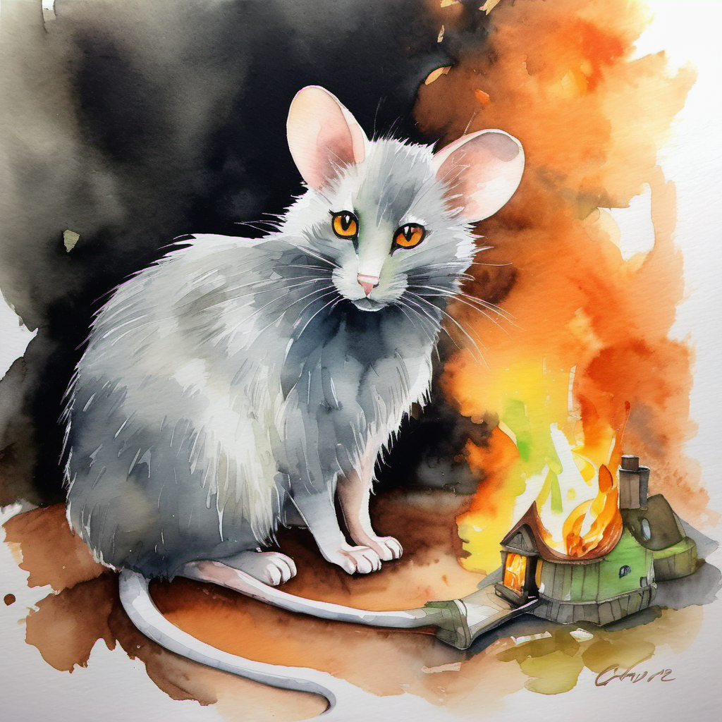 Clever mouse, fur is gray, eyes are black convinces Sly cat, fur is orange, eyes are green to release him using the threat of setting his house on fire