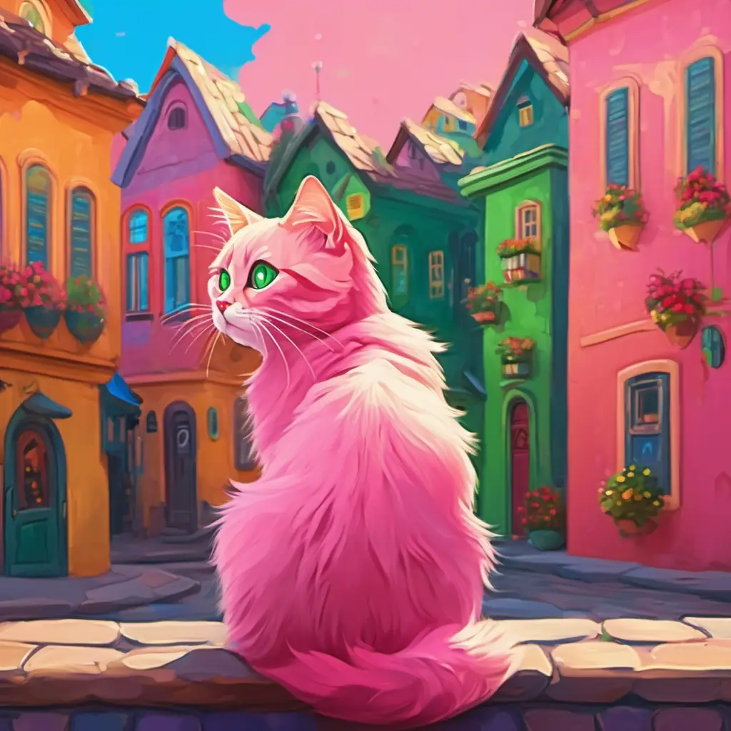 Picture of Pink cat with big green eyes and a fluffy tail sitting in the middle of a vibrant town with colorful houses