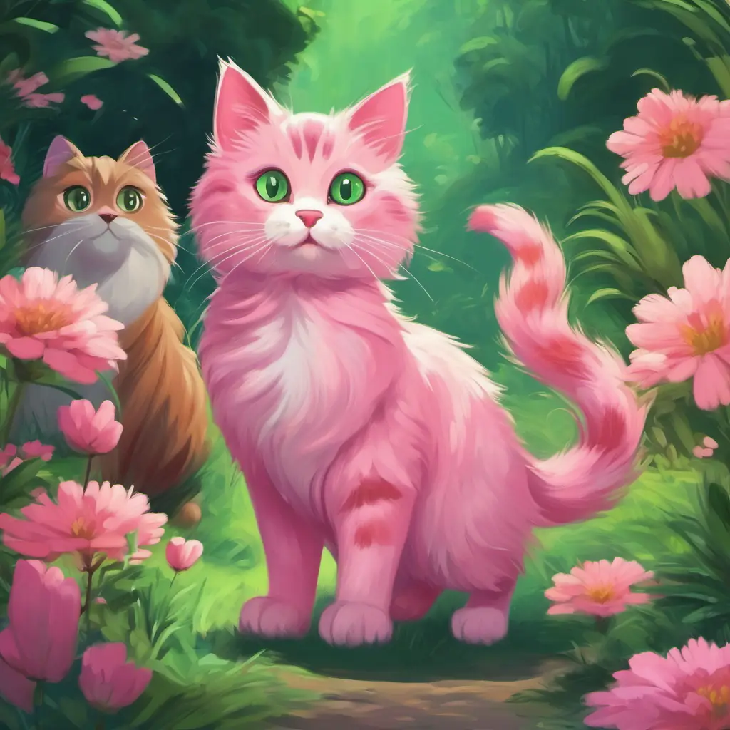 Picture of Pink cat with big green eyes and a fluffy tail walking and waving her paw at different animals