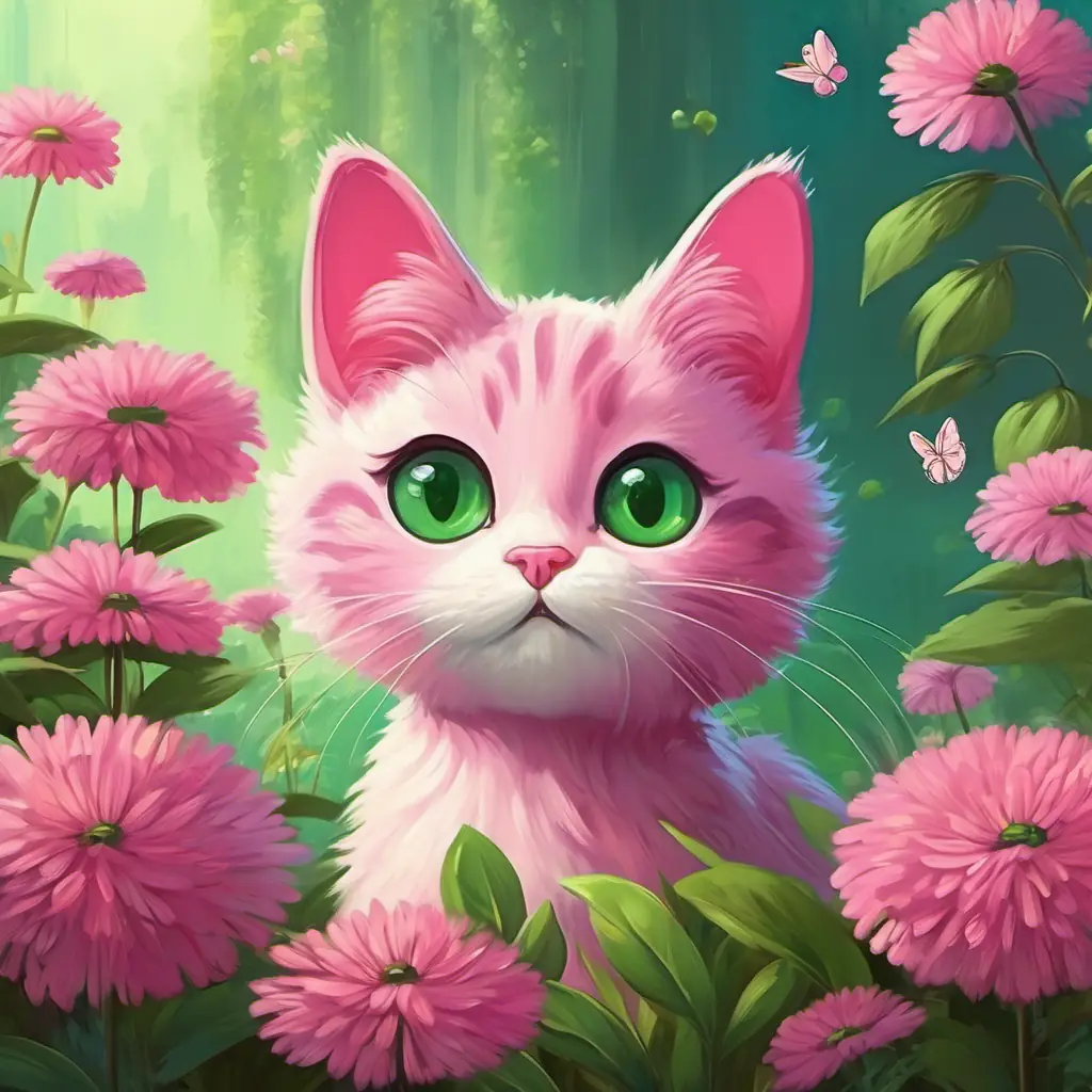 Picture of Pink cat with big green eyes and a fluffy tail looking at the sad butterfly on a flower