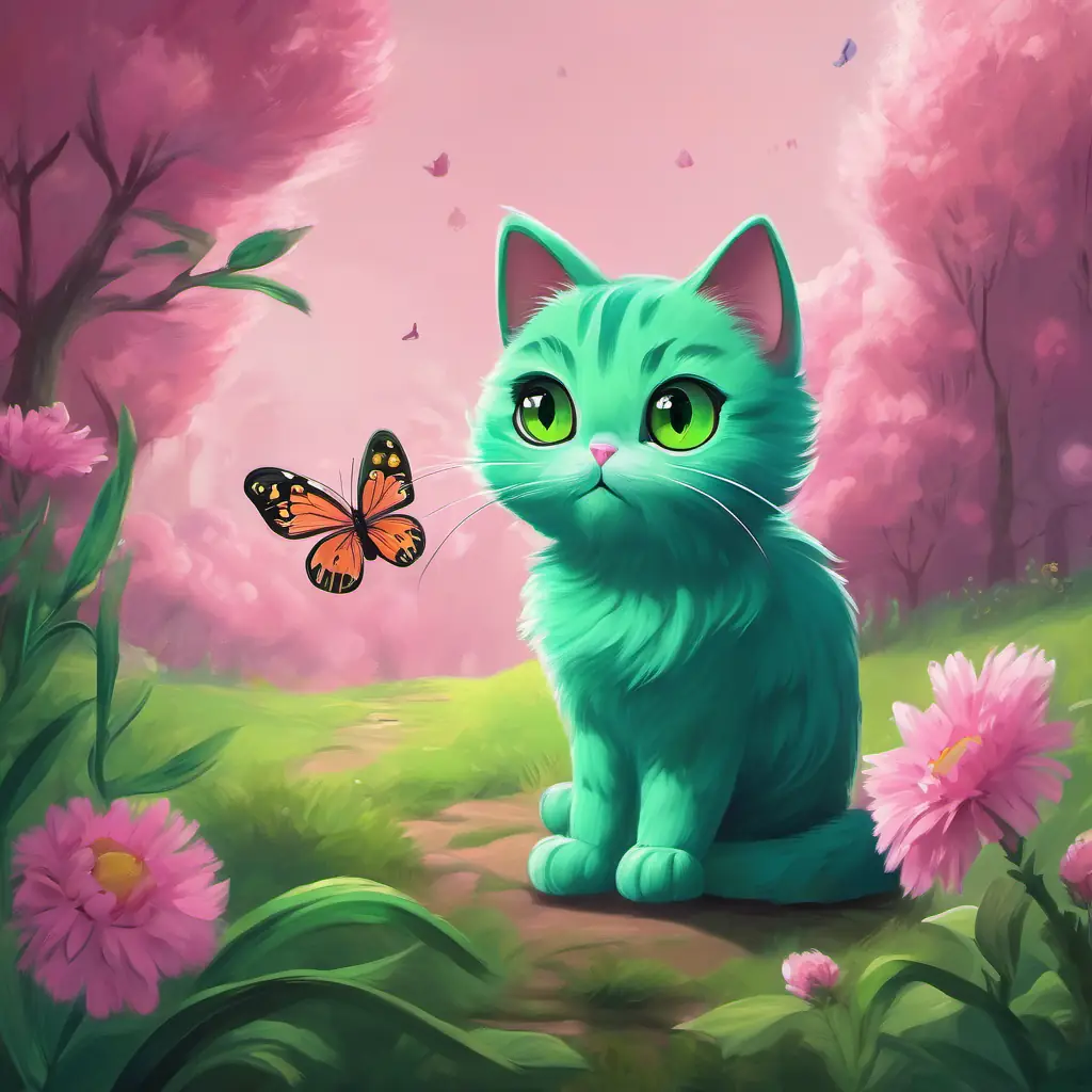 Picture of Pink cat with big green eyes and a fluffy tail talking to the sad butterfly