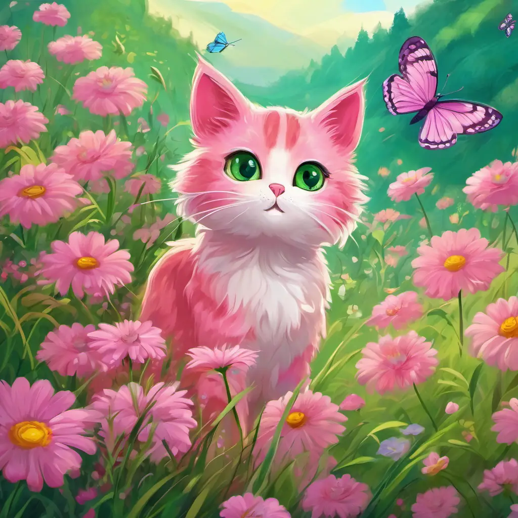 Picture of Pink cat with big green eyes and a fluffy tail and the butterfly flying through meadows and flowers