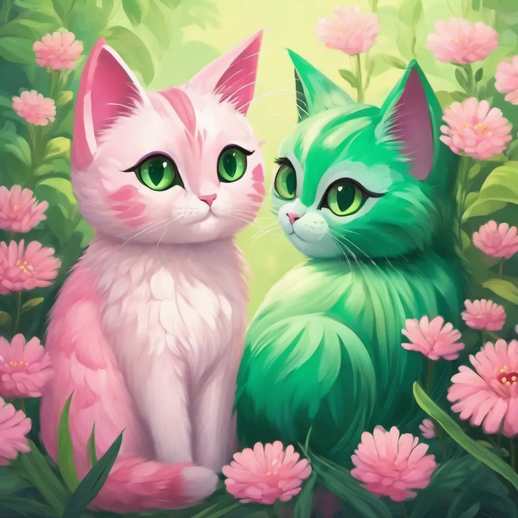 Picture of the butterfly and Pink cat with big green eyes and a fluffy tail hugging each other