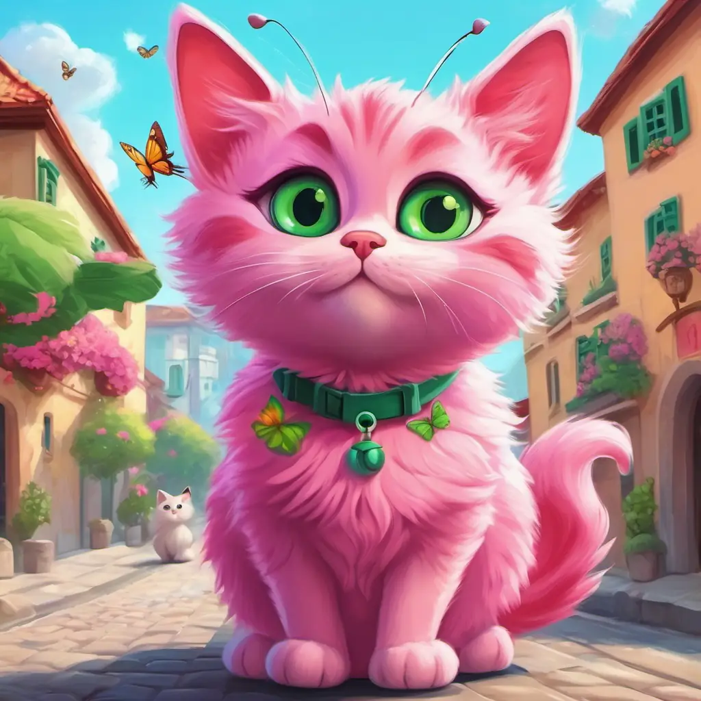 Picture of Pink cat with big green eyes and a fluffy tail and the butterfly playing together in the town