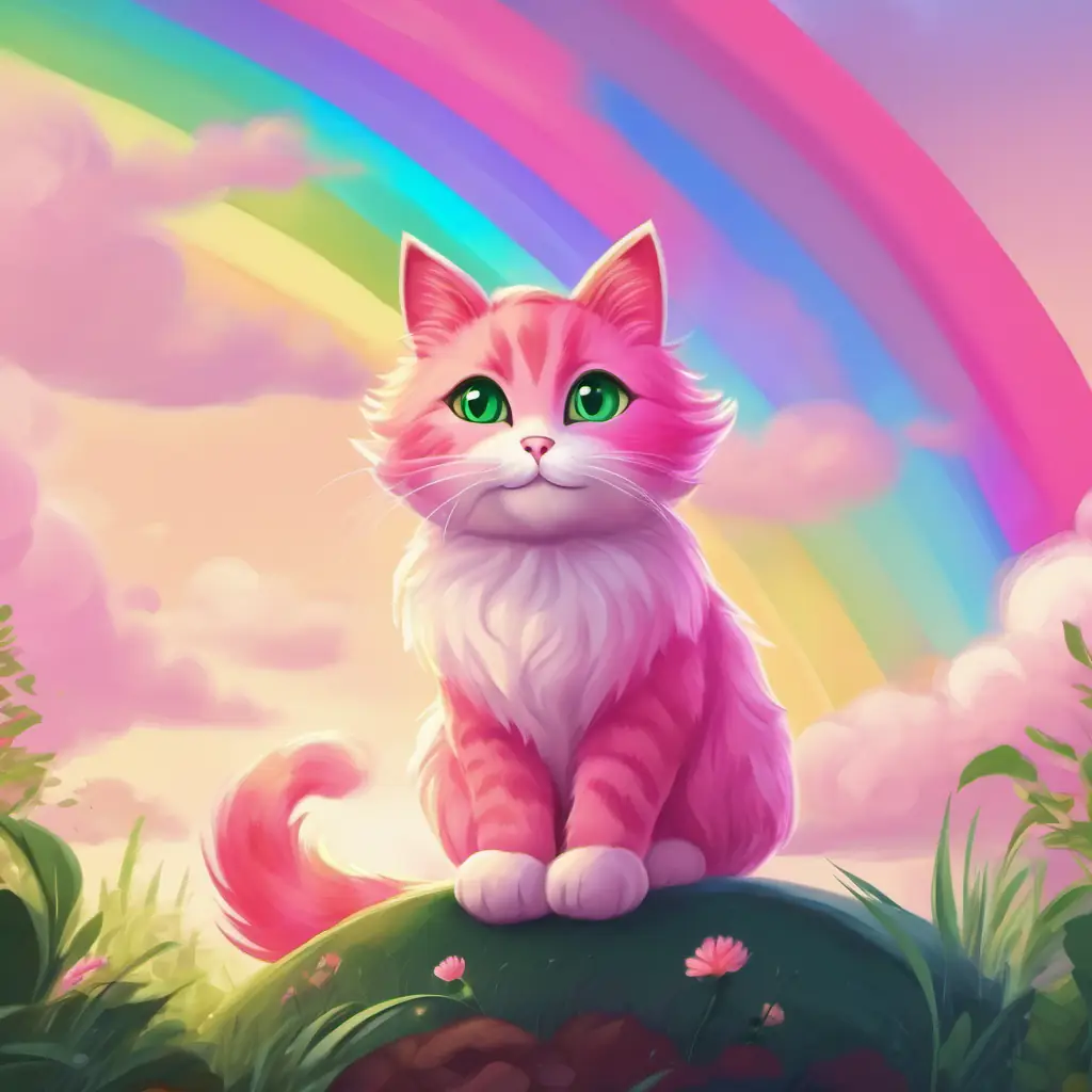 Picture of Pink cat with big green eyes and a fluffy tail sitting under a rainbow with a big smile