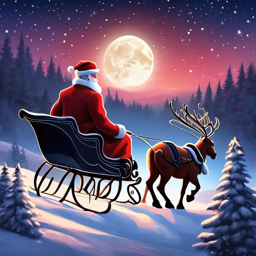 Nighttime sleigh ride, Rosy-cheeked, long white beard, bright eyes, red coat, black boots, moonlit sky with stars