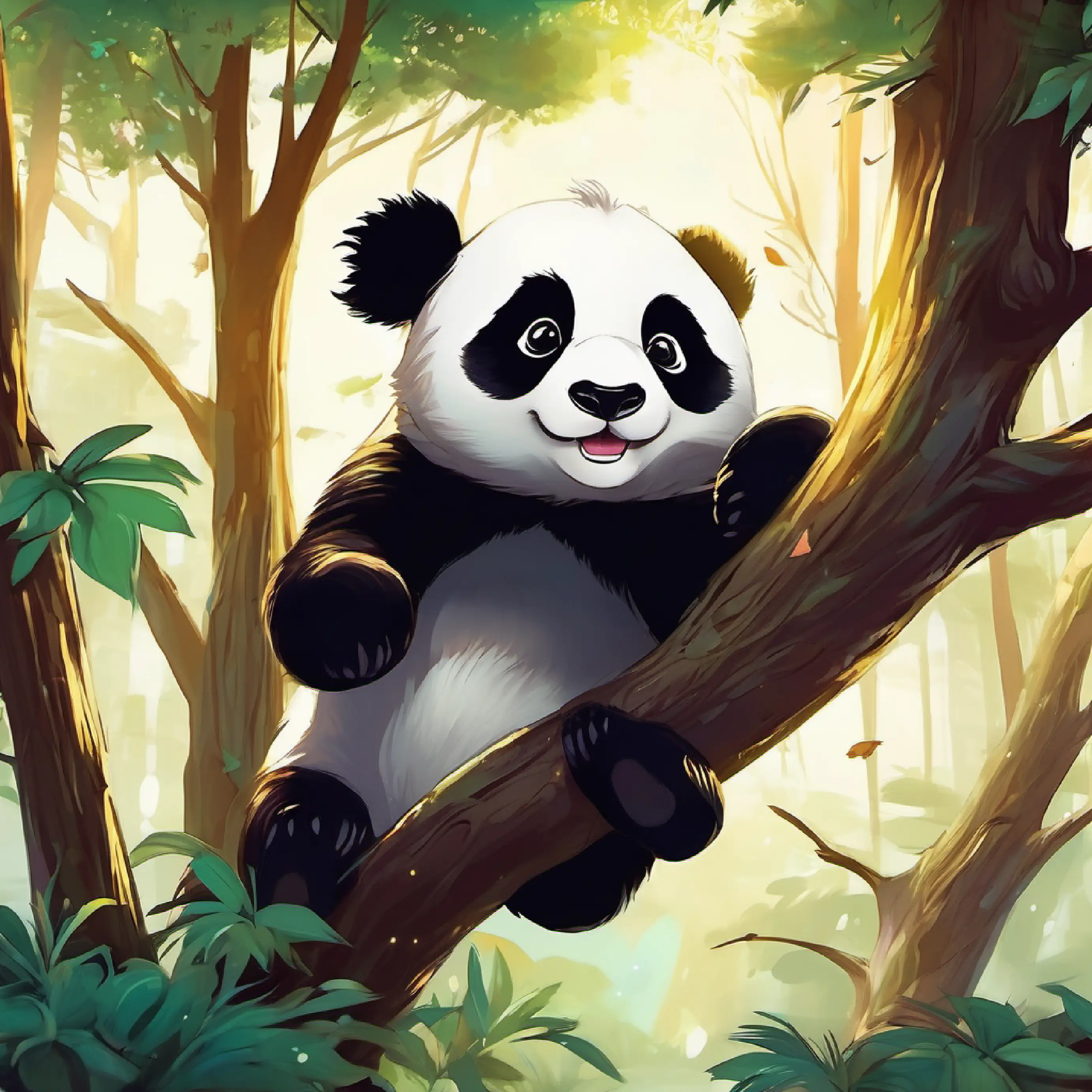 Adorable black and white panda with twinkling eyes and a playful demeanor attempts to climb a tree and encounters laughing birds.