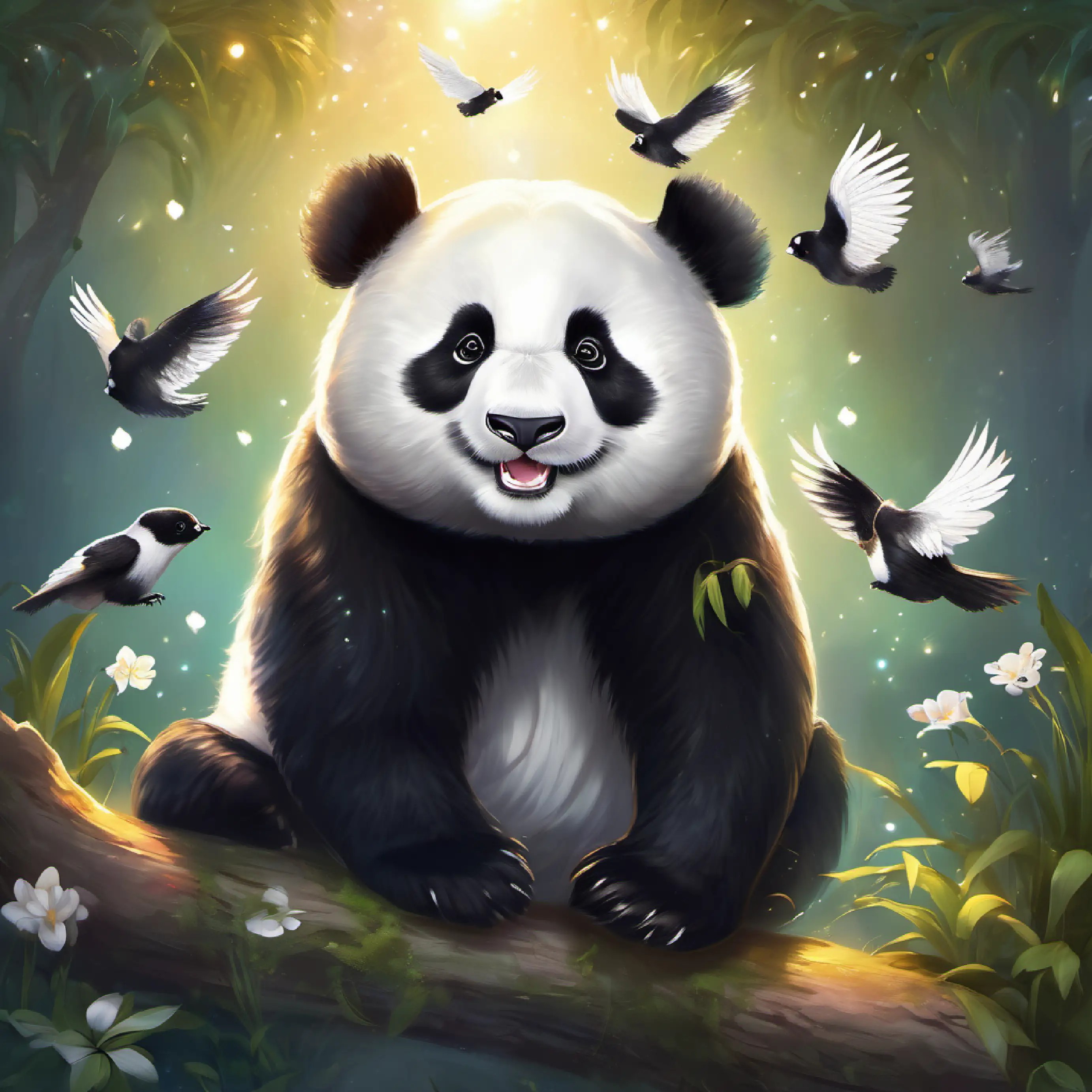 Adorable black and white panda with twinkling eyes and a playful demeanor responds to the birds with humor and decides to join in the laughter.