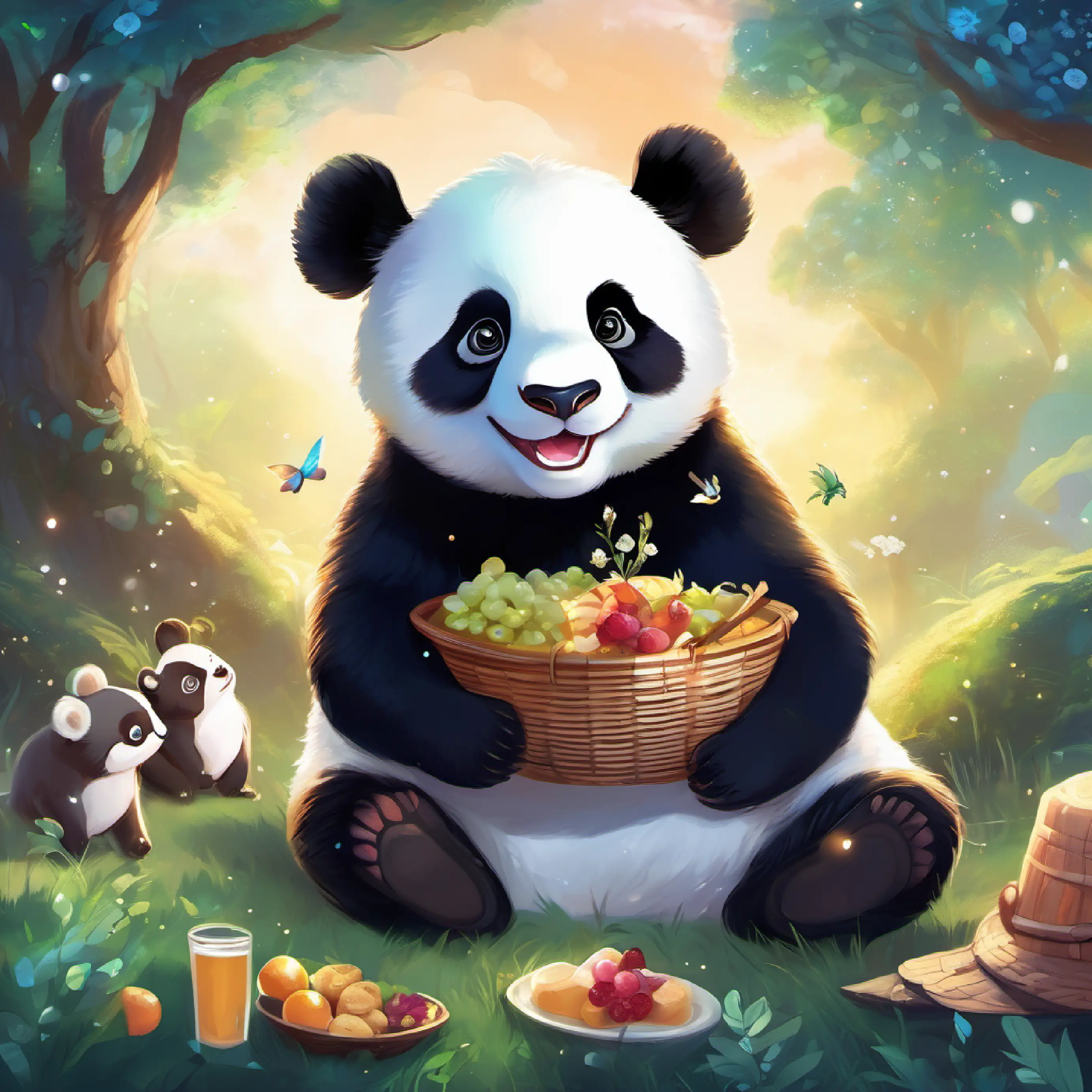 Adorable black and white panda with twinkling eyes and a playful demeanor finds joy in sharing laughter with friends and picnicking under the sunny sky.