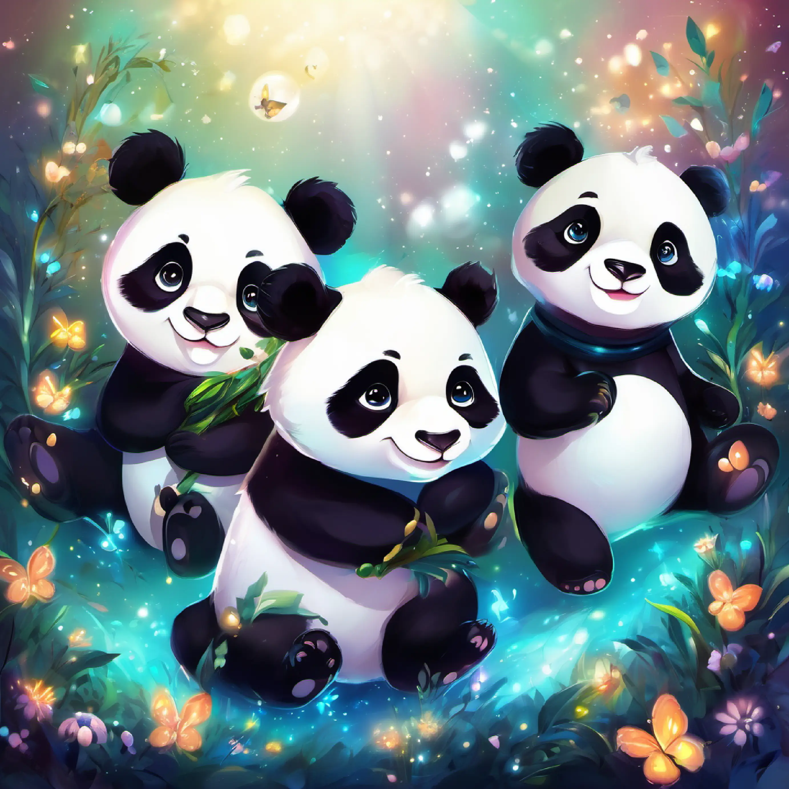 Adorable black and white panda with twinkling eyes and a playful demeanor and friends live happily ever after, echoing with giggles and laughter.