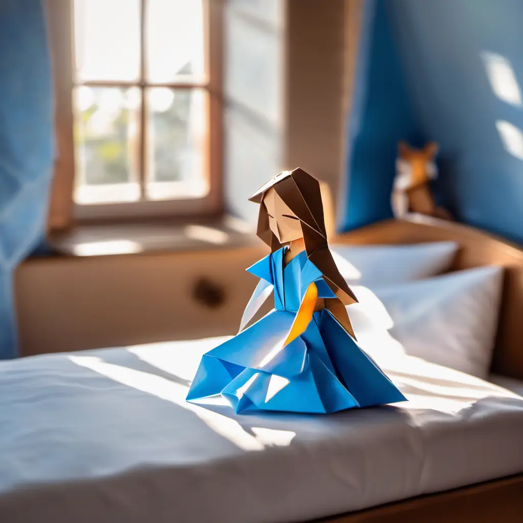 Little girl with brown hair, blue eyes, wearing blue dress in bed, sunlight through window, morning vibe.
